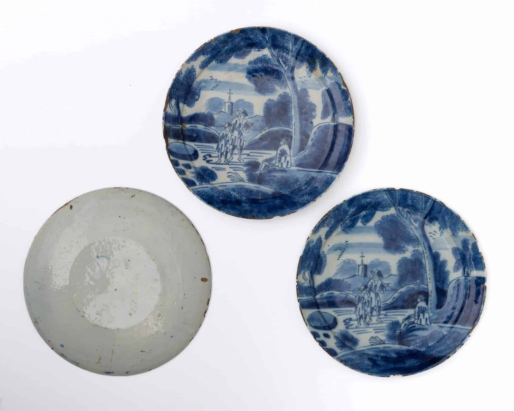 Set of Three English Delftware Blue and White Plates