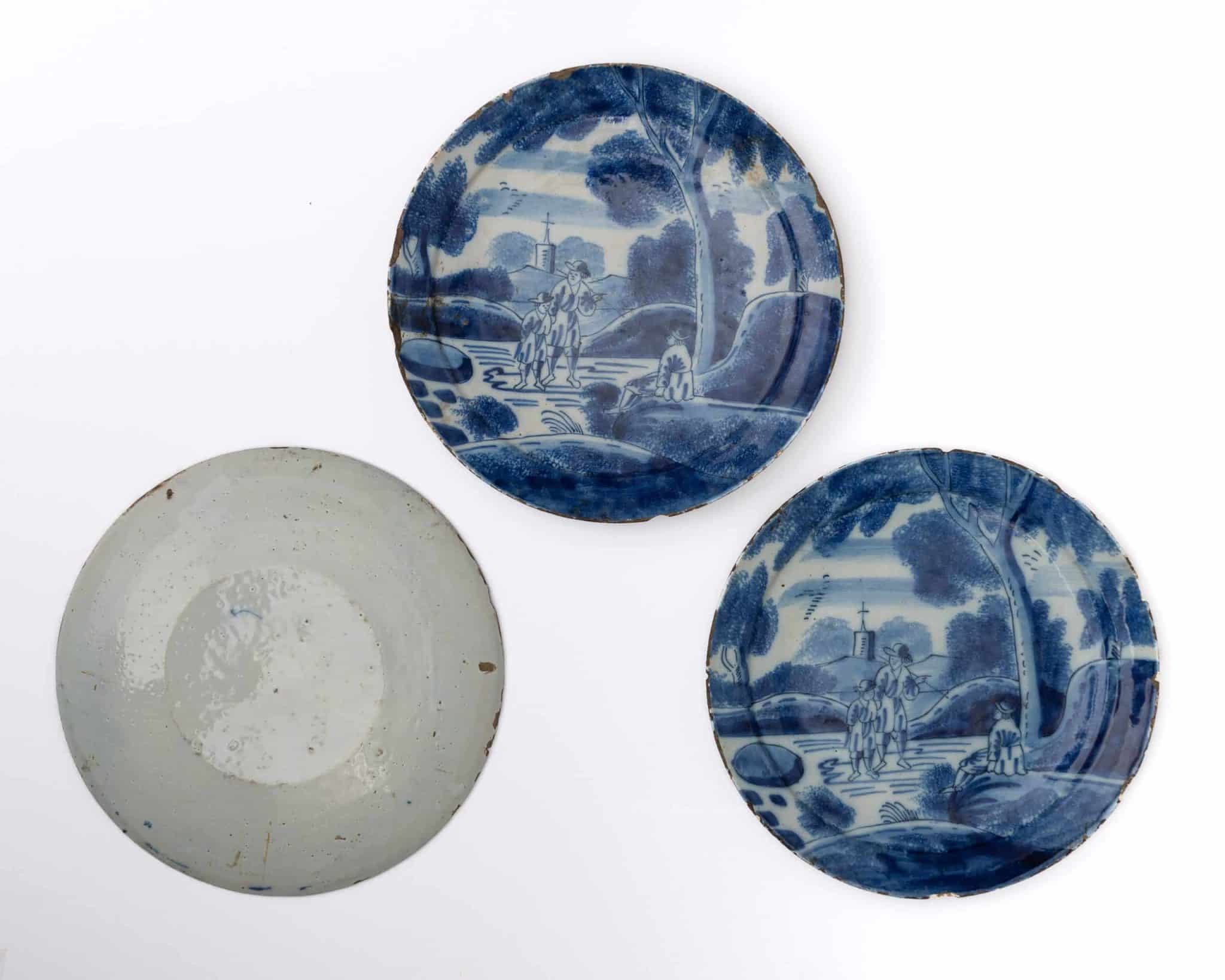 Set of Three English Delftware Blue and White Plates