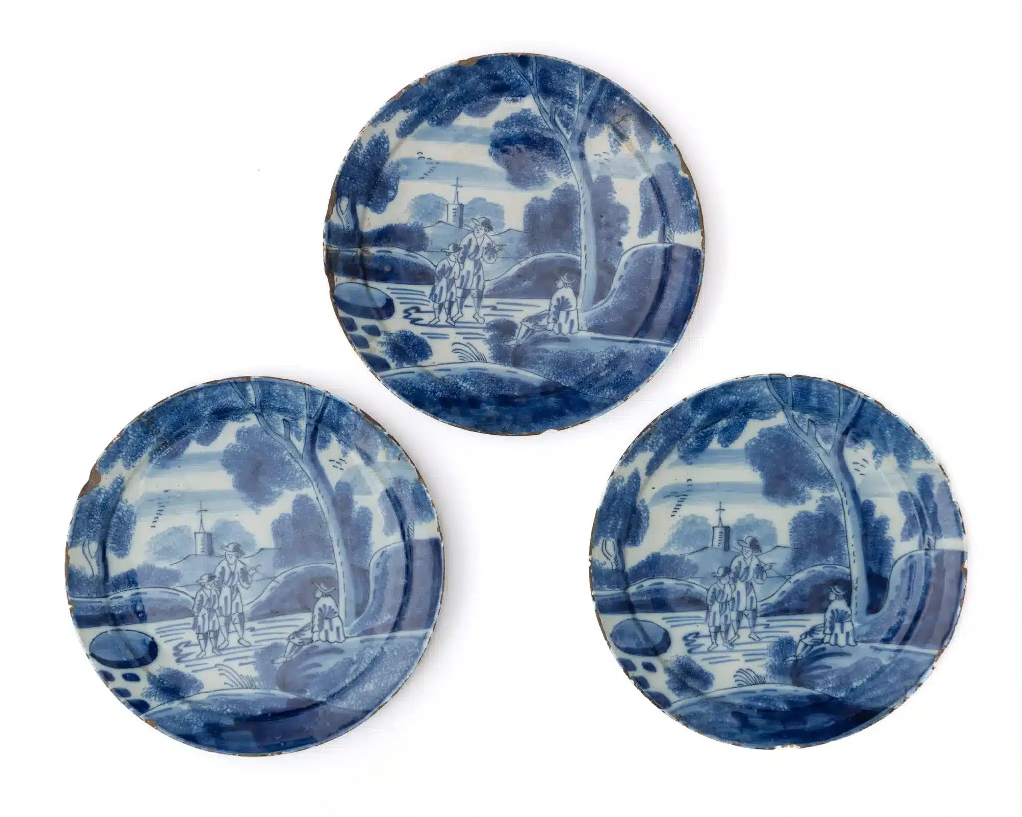 Set of Three English Delftware Blue and White Plates