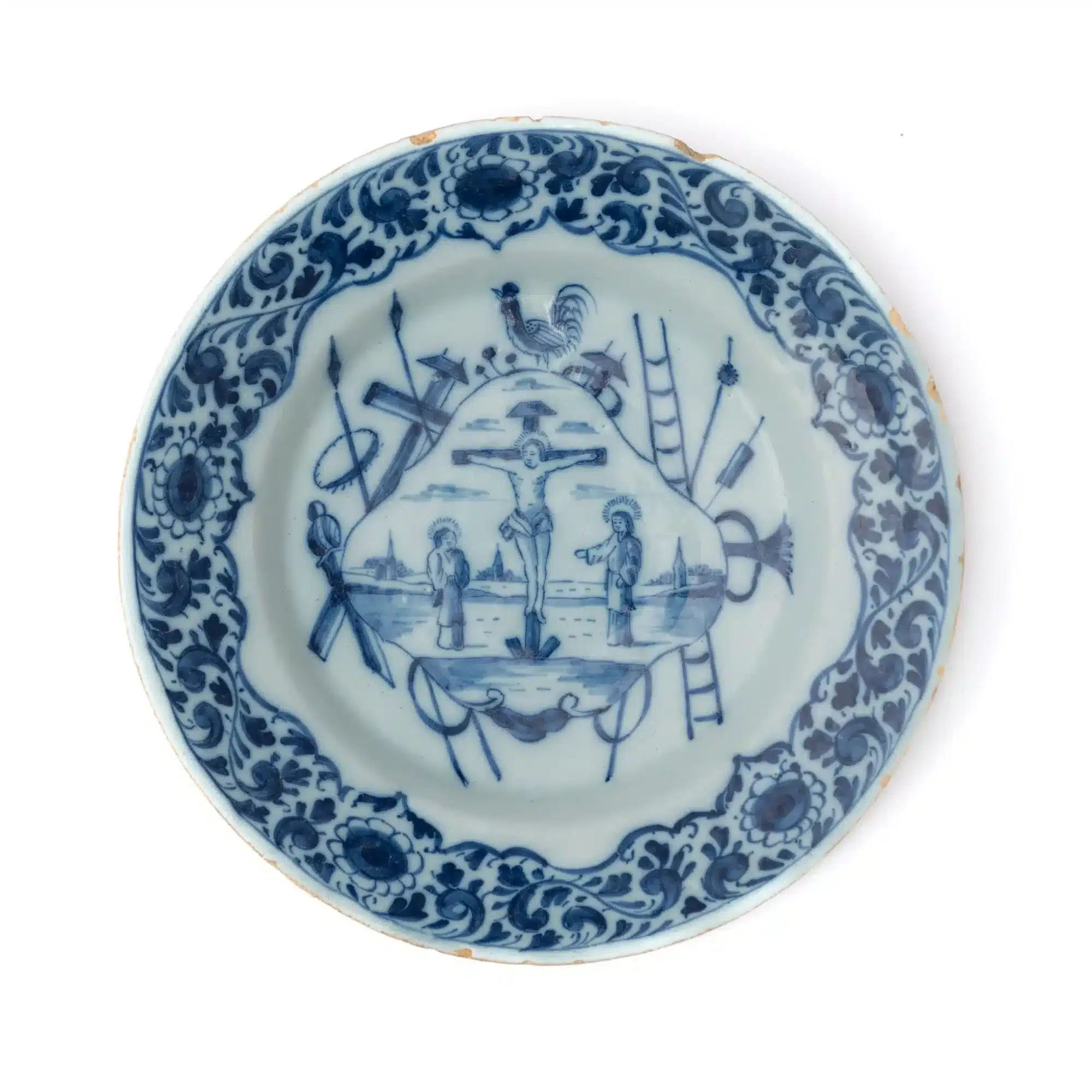 Dutch Delft Blue and White Plate Depicting the Crucifixion and the Instruments of the Passion