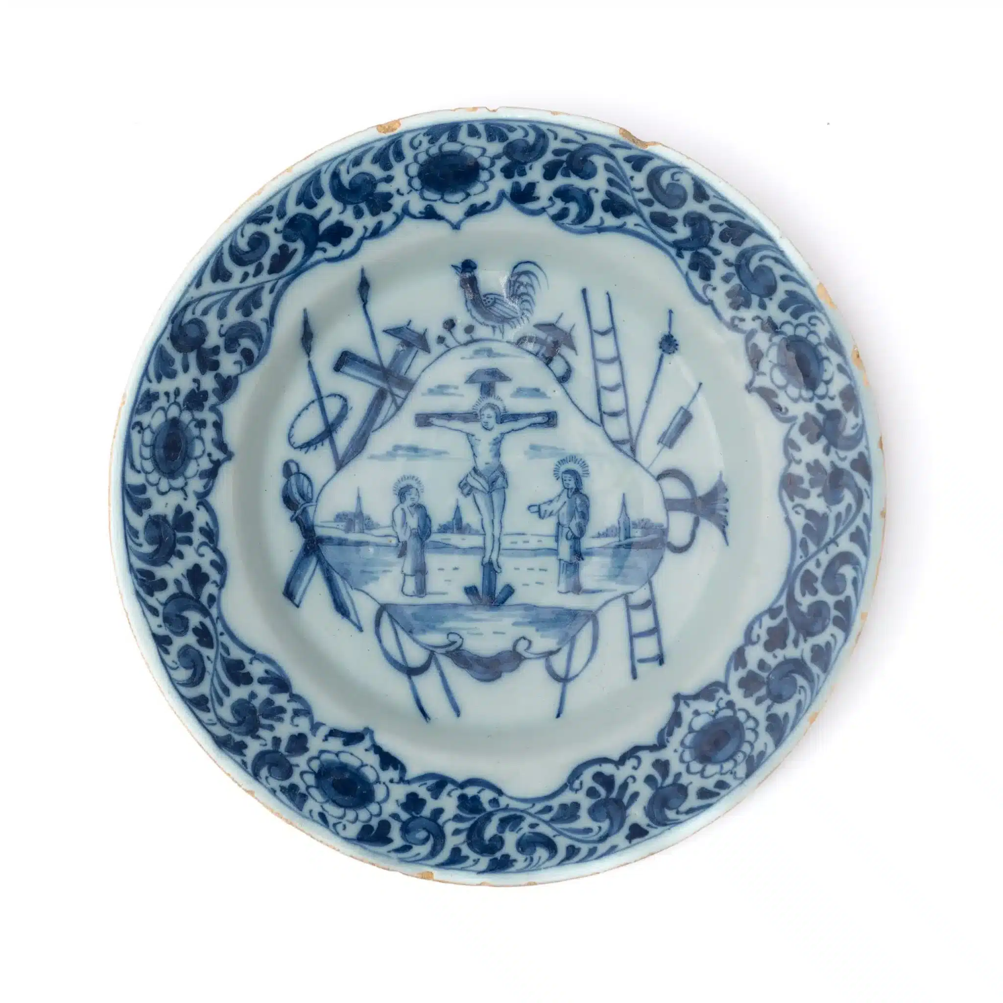 Dutch Delft Blue and White Plate Depicting the Crucifixion and the Instruments of the Passion