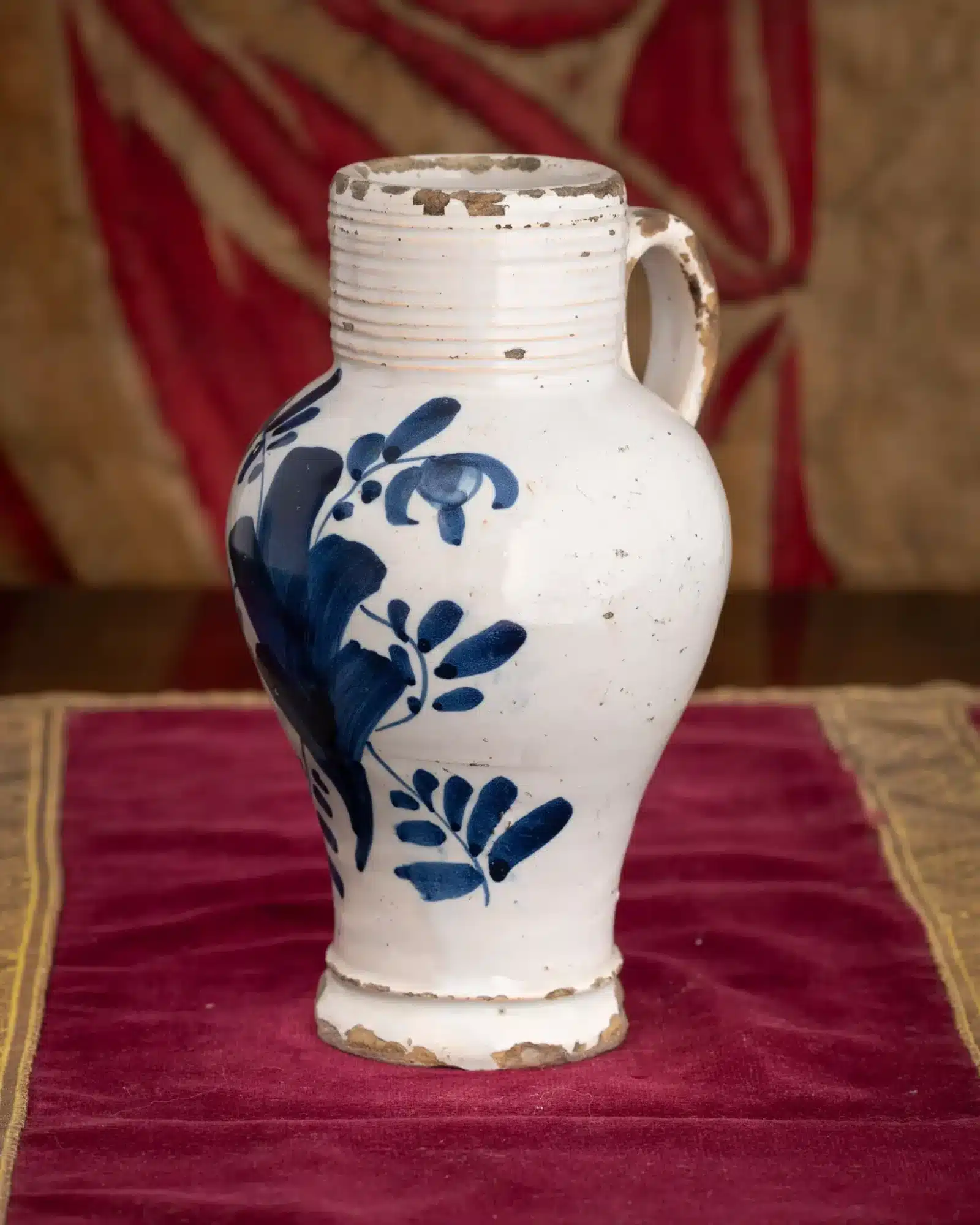 Tin-Glazed Earthenware Jug with Blue Floral Decoration