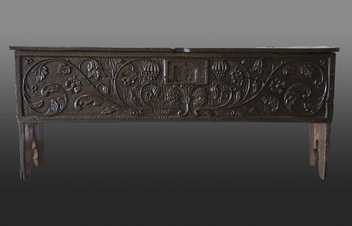 Henry VIII carved boarded chest