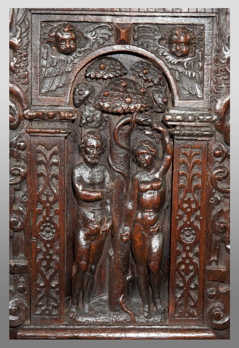 16th century Adam and Eve carved oak cabinet