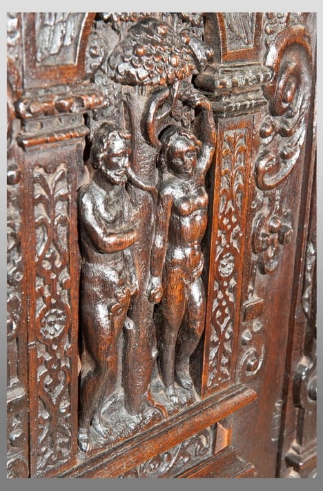 16th century Adam and Eve carved oak cabinet