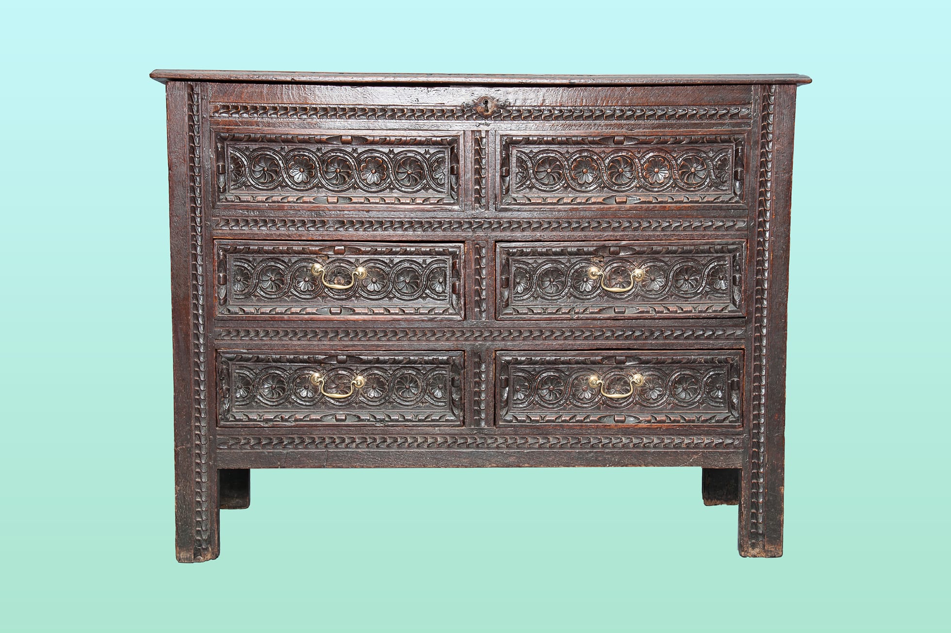 James I carved oak chest with drawers