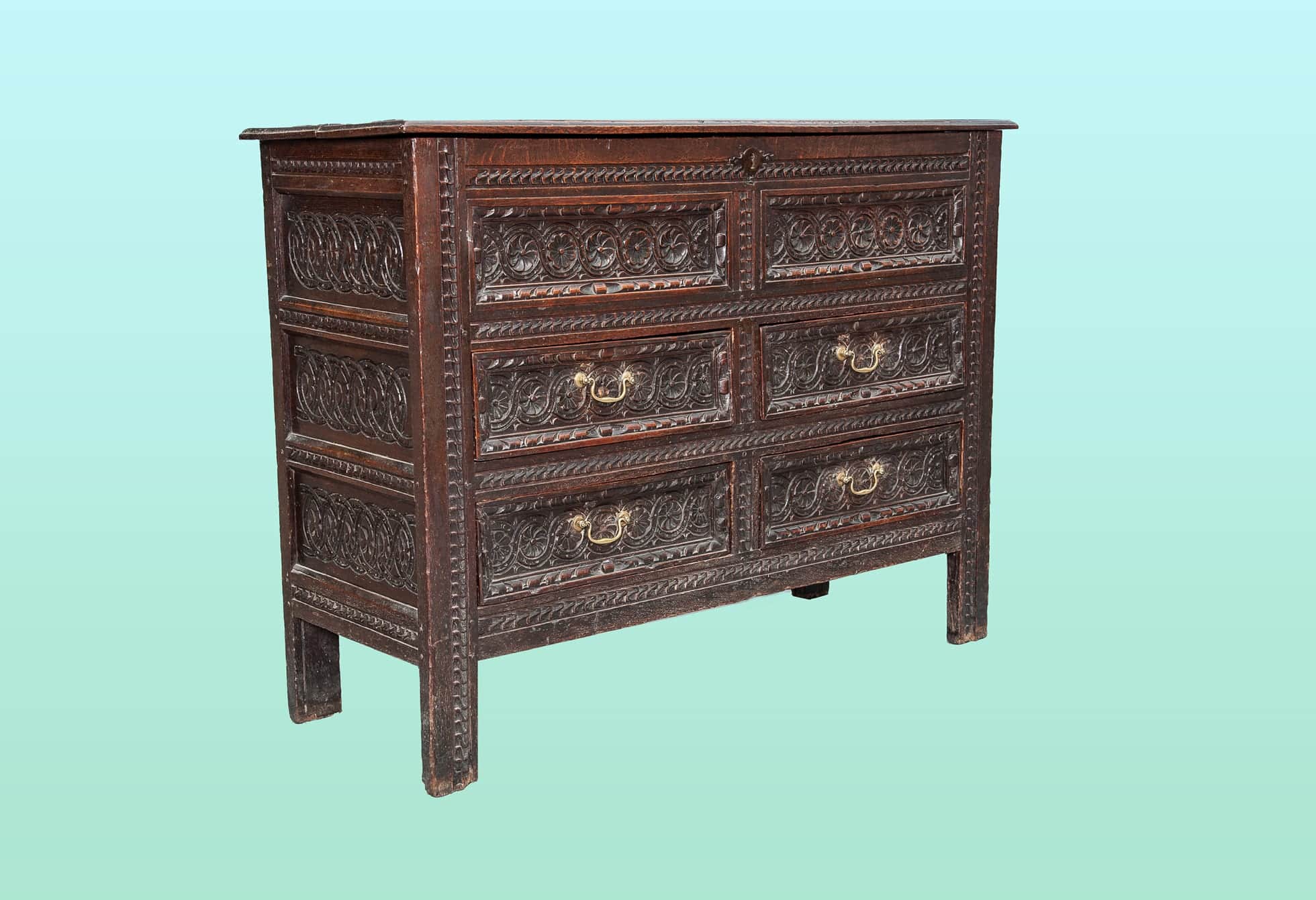James I carved oak chest with drawers