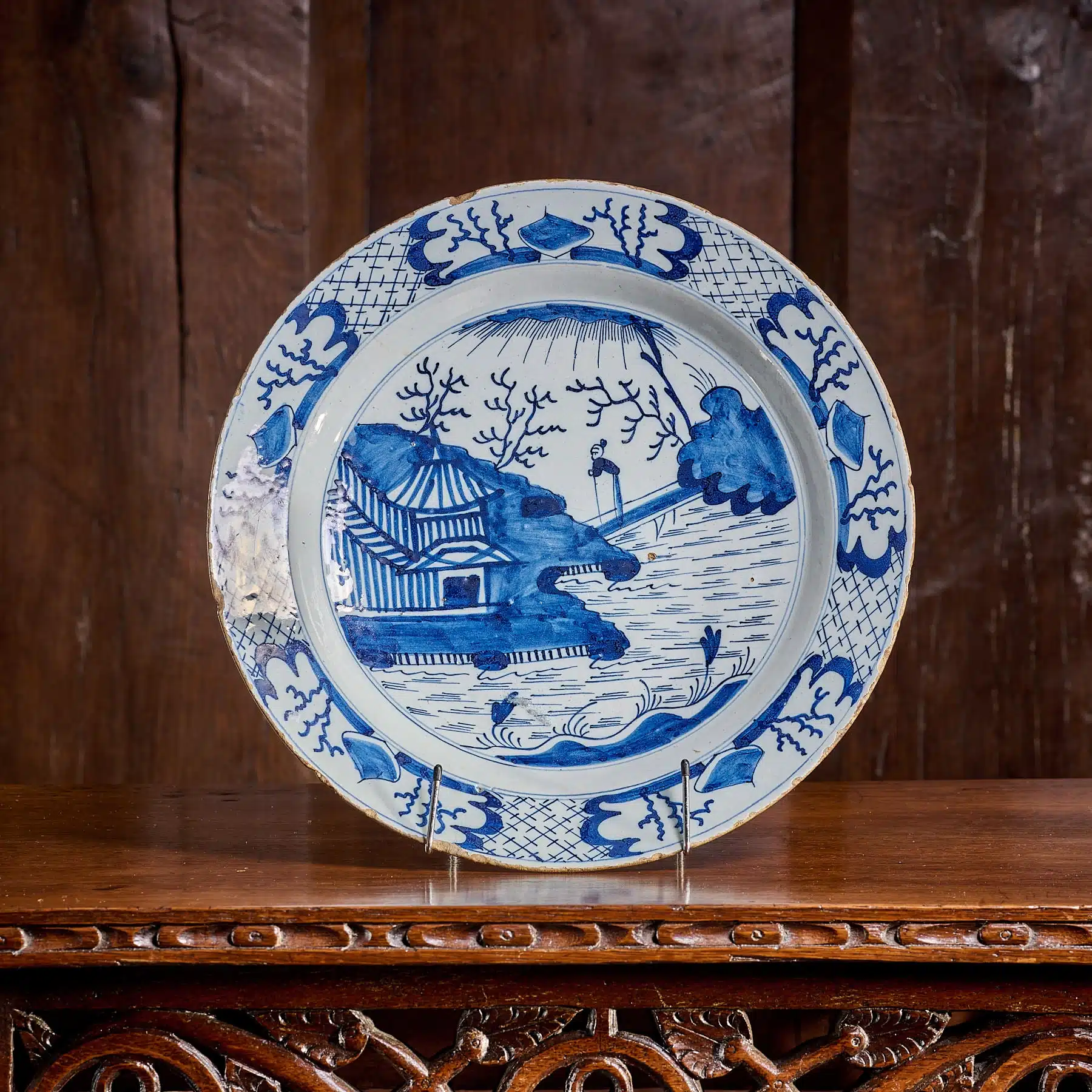 London Delftware Plate with Chinoiserie Landscape
