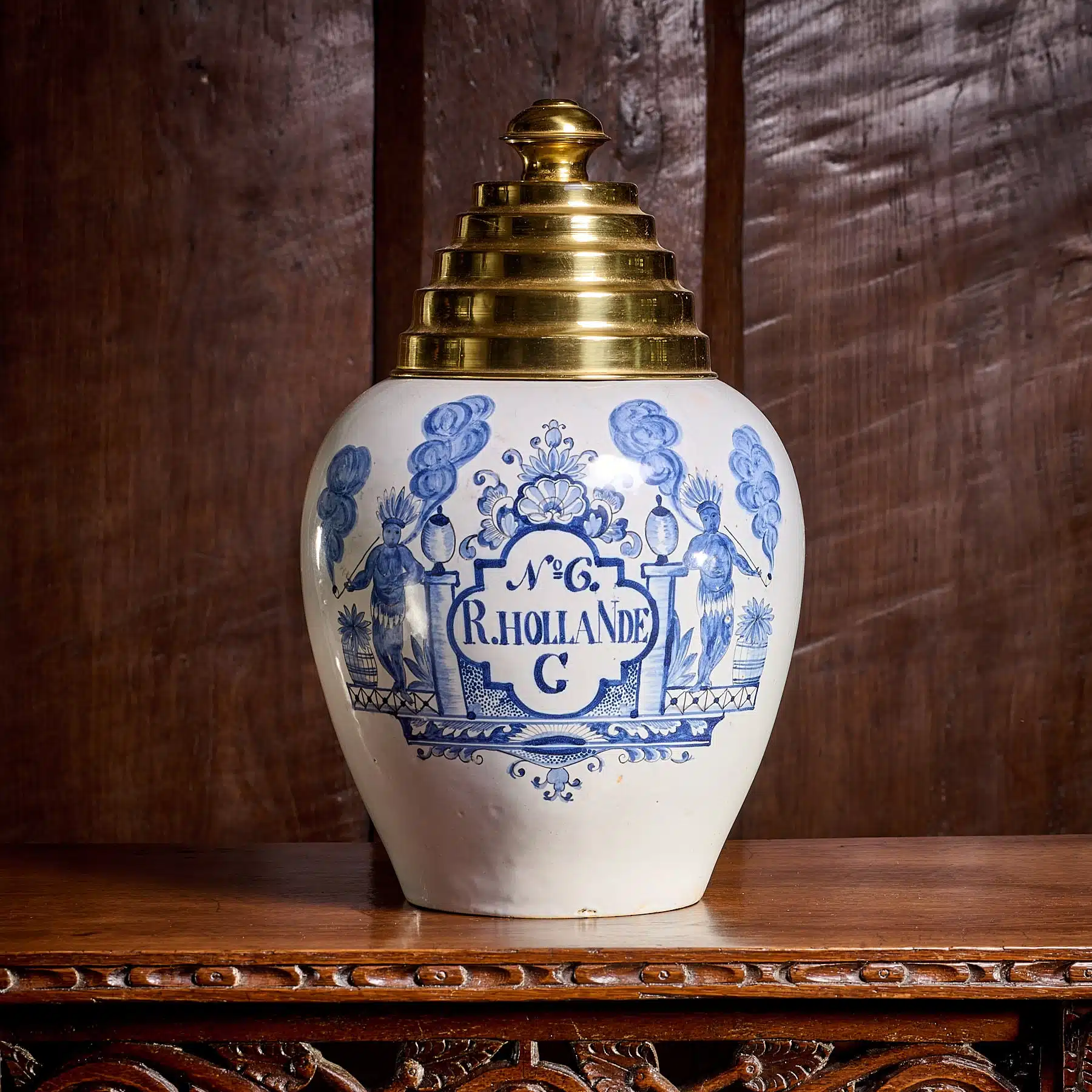 Dutch Delftware Tobacco Jar with Brass Cover