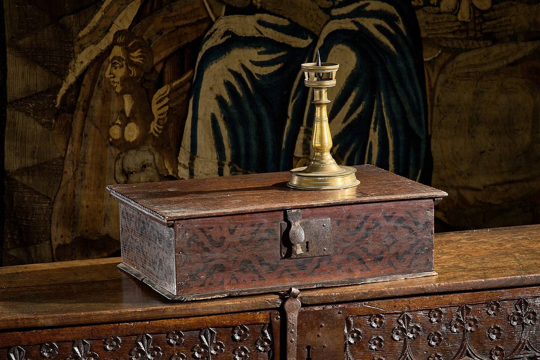 Charles II Painted Oak Boarded Box with Original Stencilled Decoration