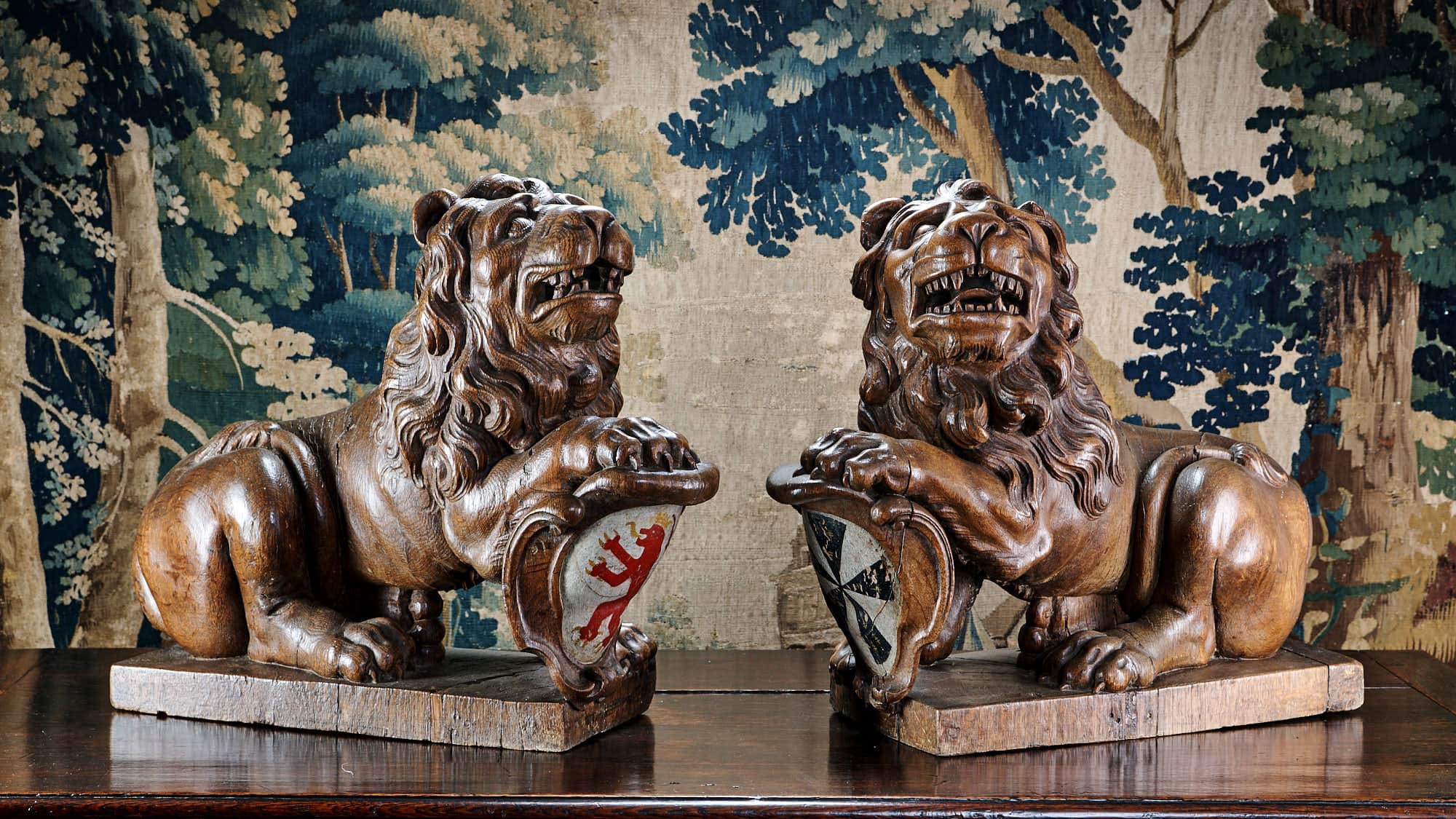 Pair of 17th century heraldic lions
