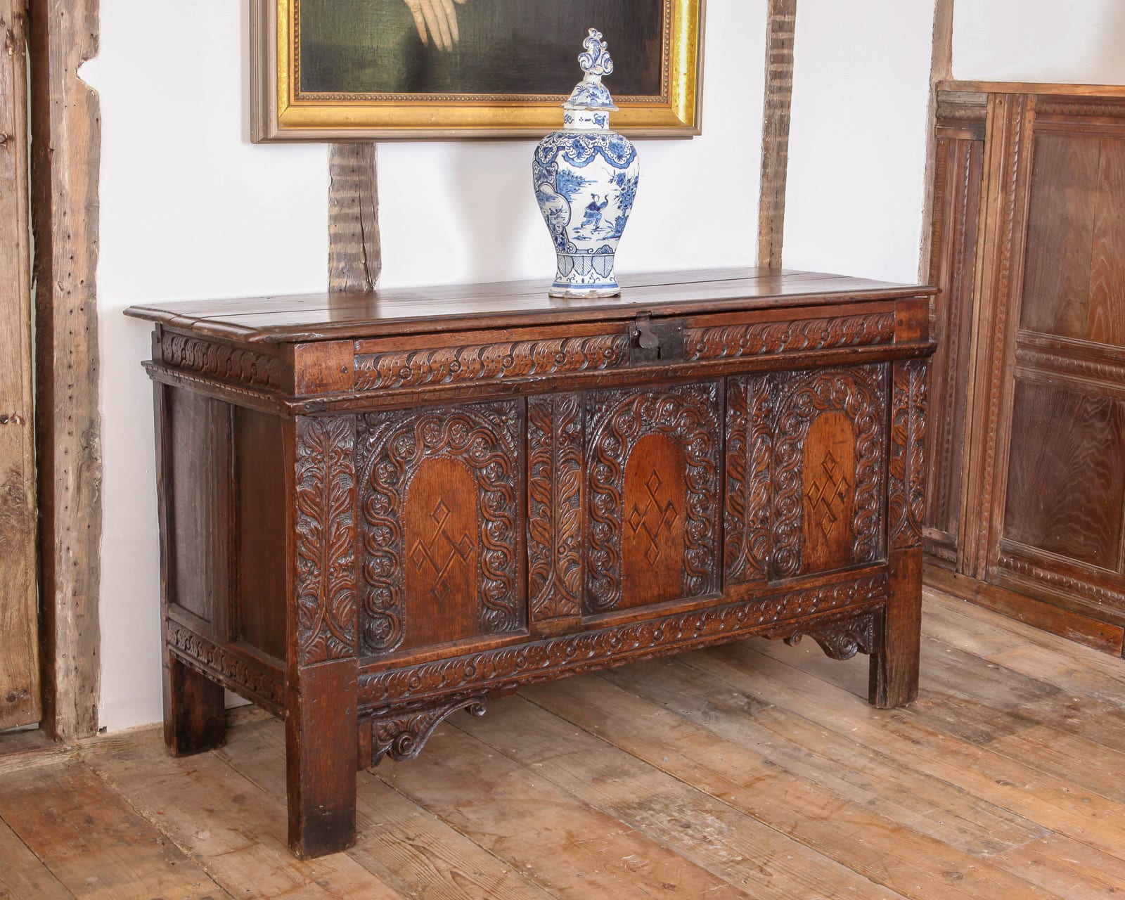 Pair of Charles I carved inlaid chests
