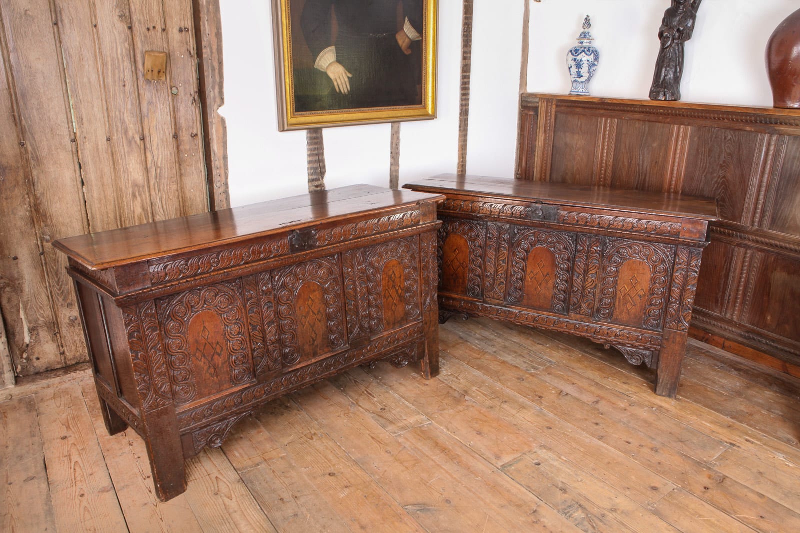 Pair of Charles I carved inlaid chests