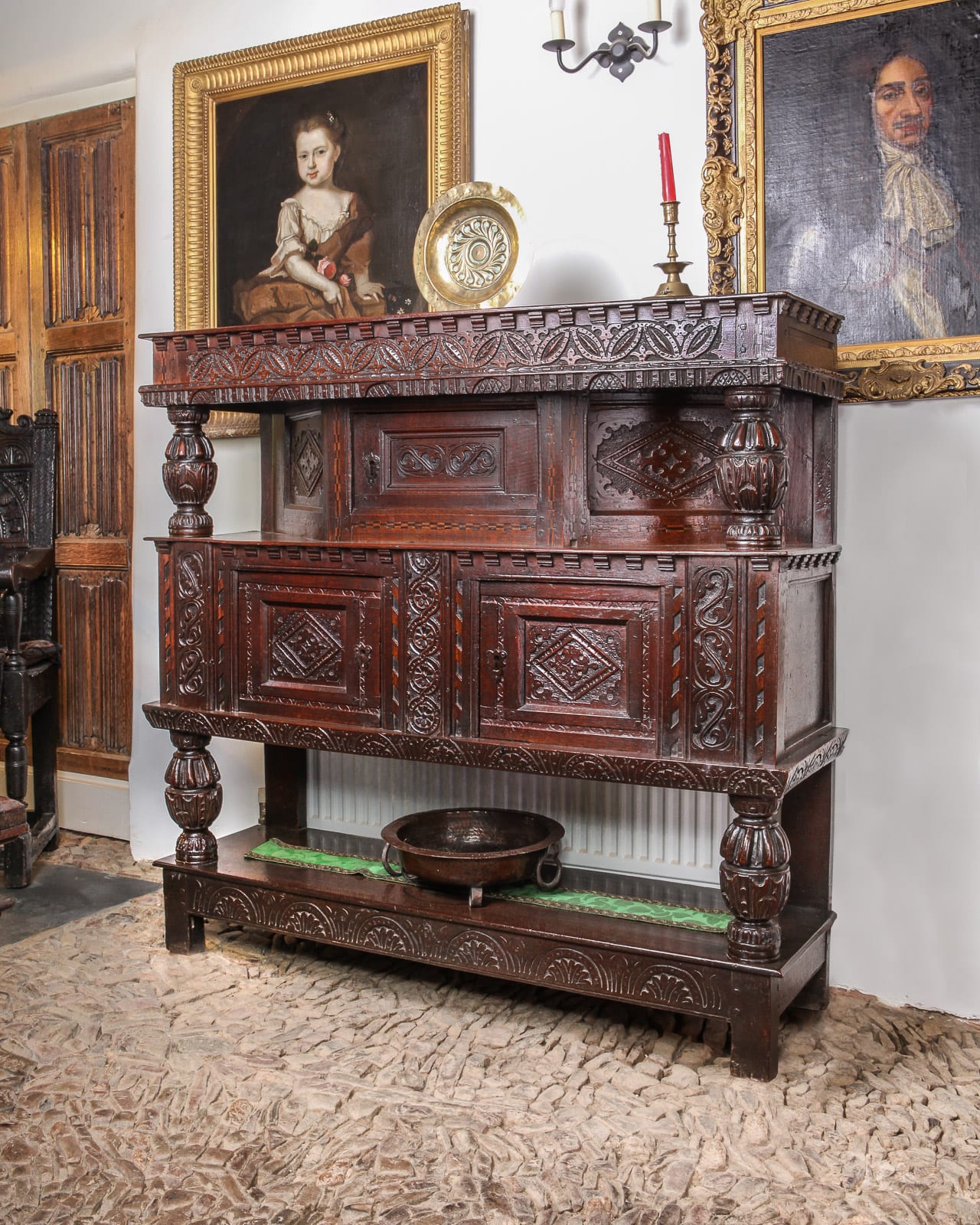 James I oak carved livery cupboard