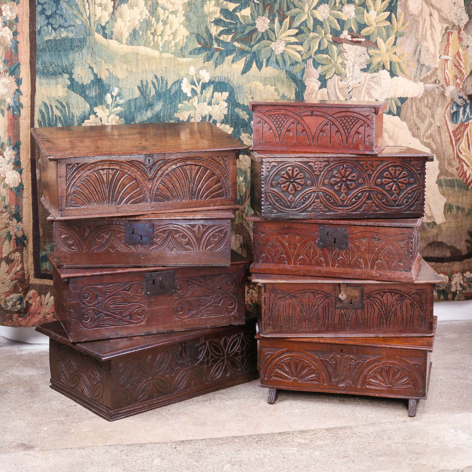 17th century carved oak boxes
