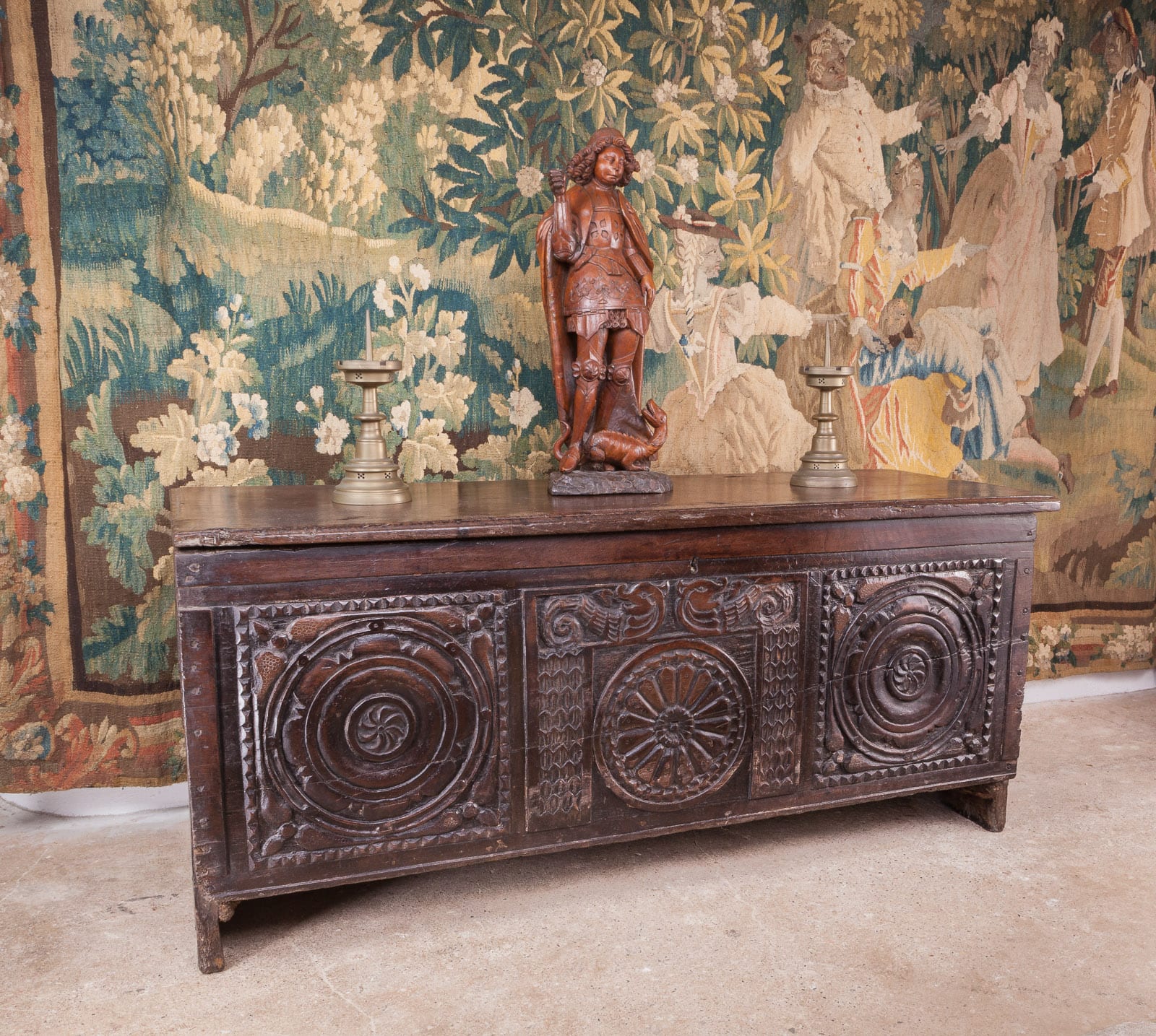 Henry VIII carved oak boarded chest