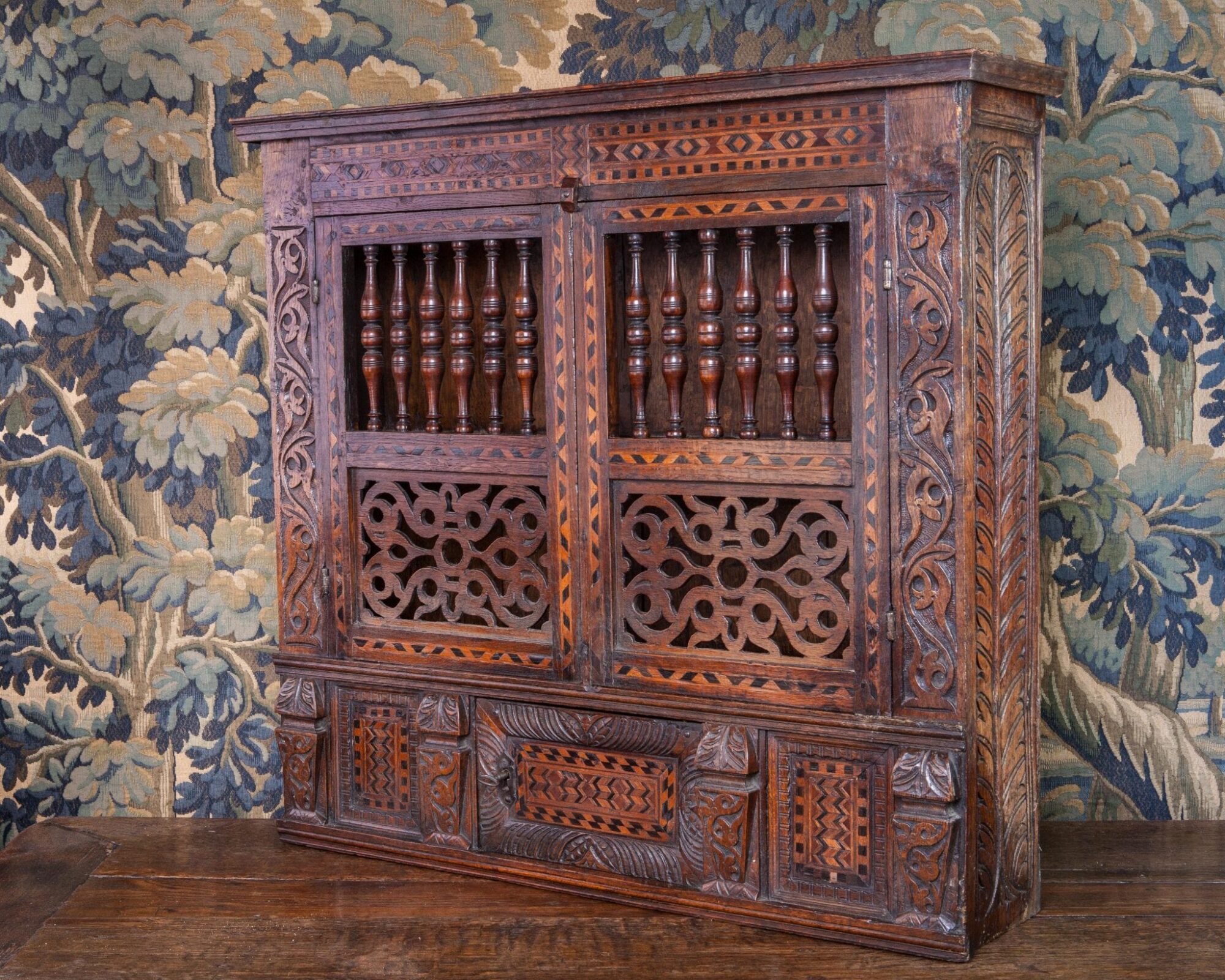 James I inlaid oak mural cupboard