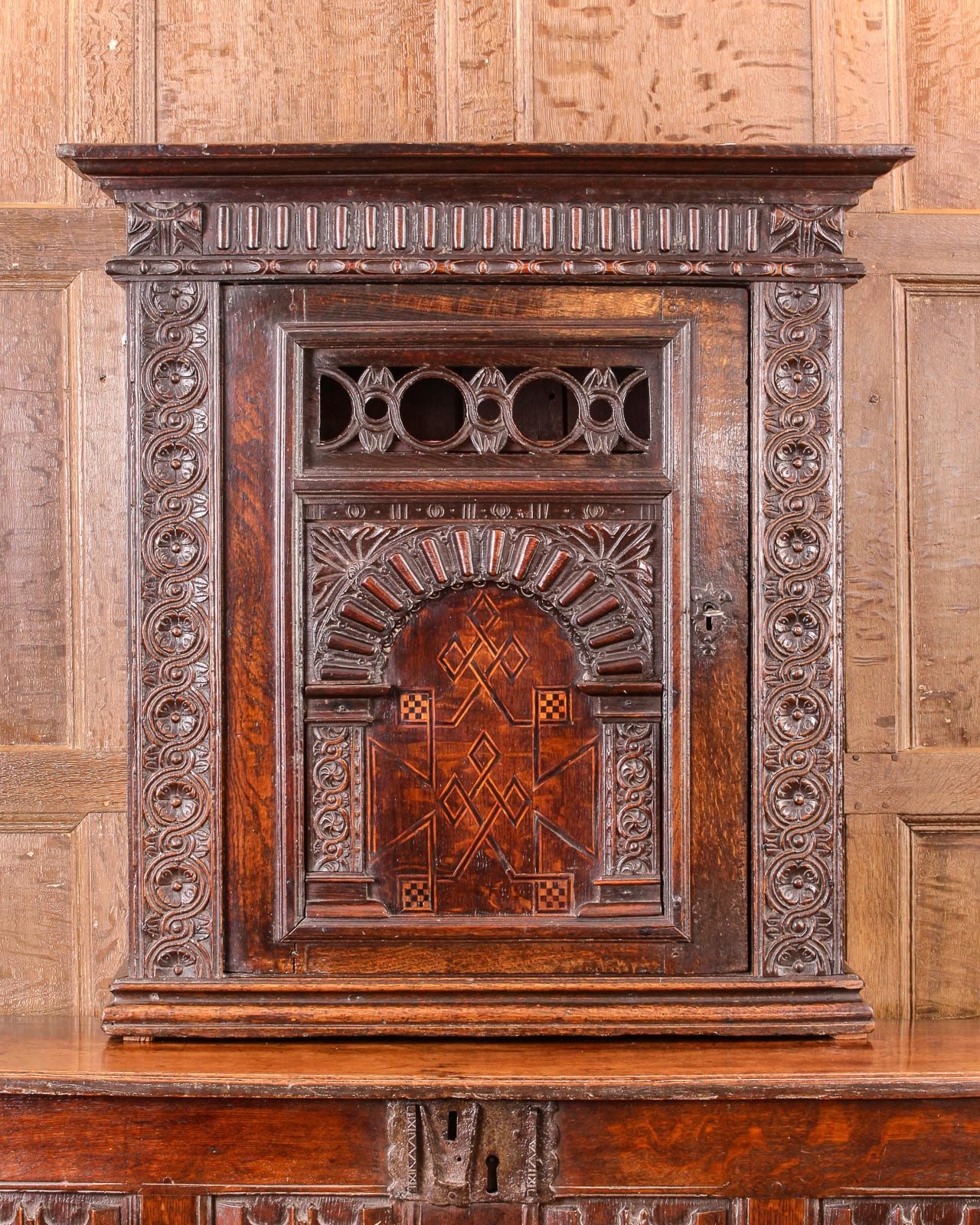 James I inlaid oak mural cupboard