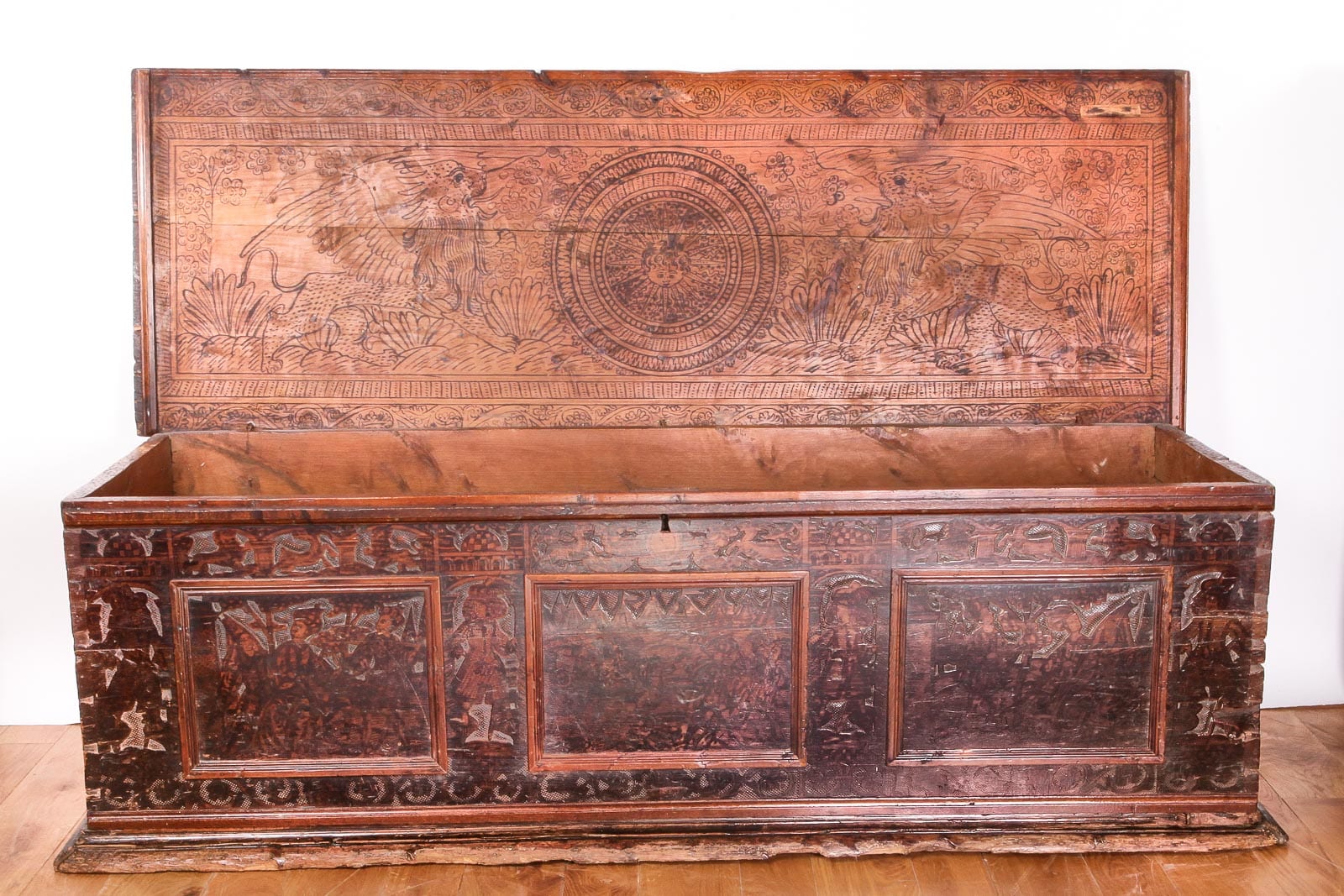 16th century cedar penwork cassone