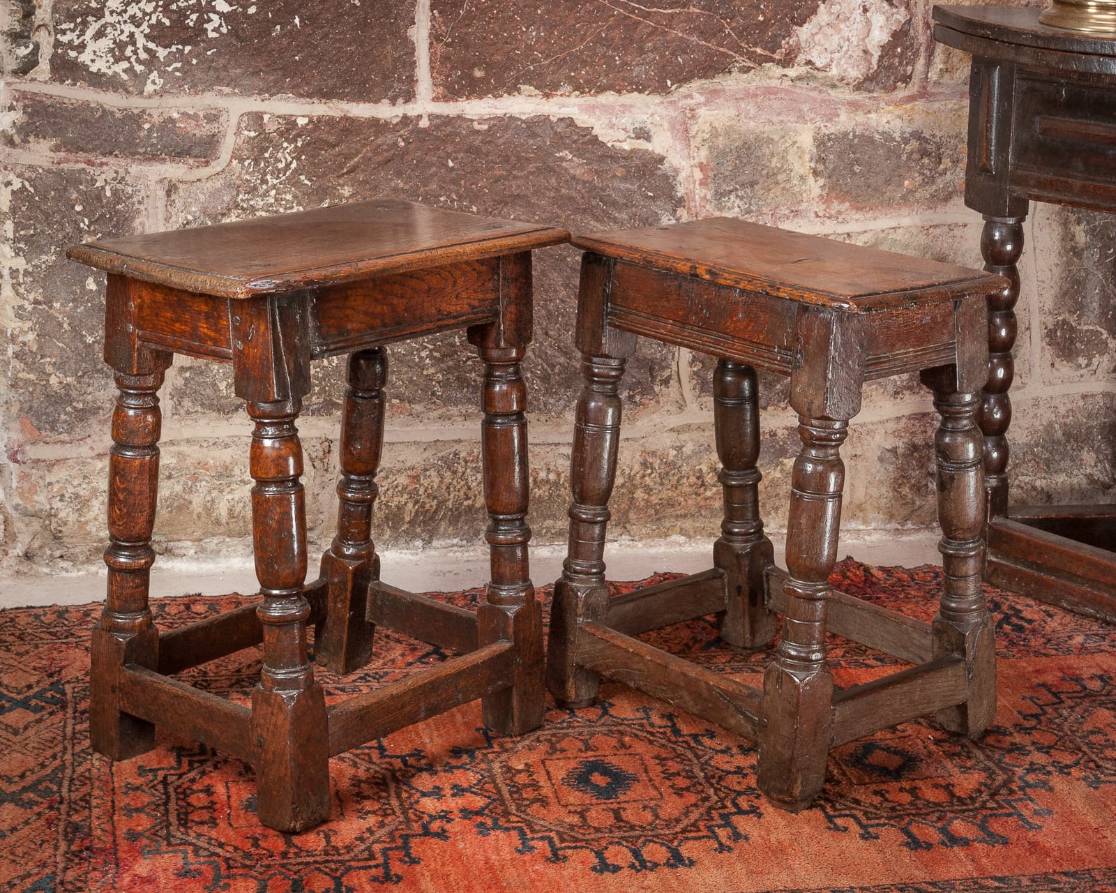 Matched pair of joined oak stools