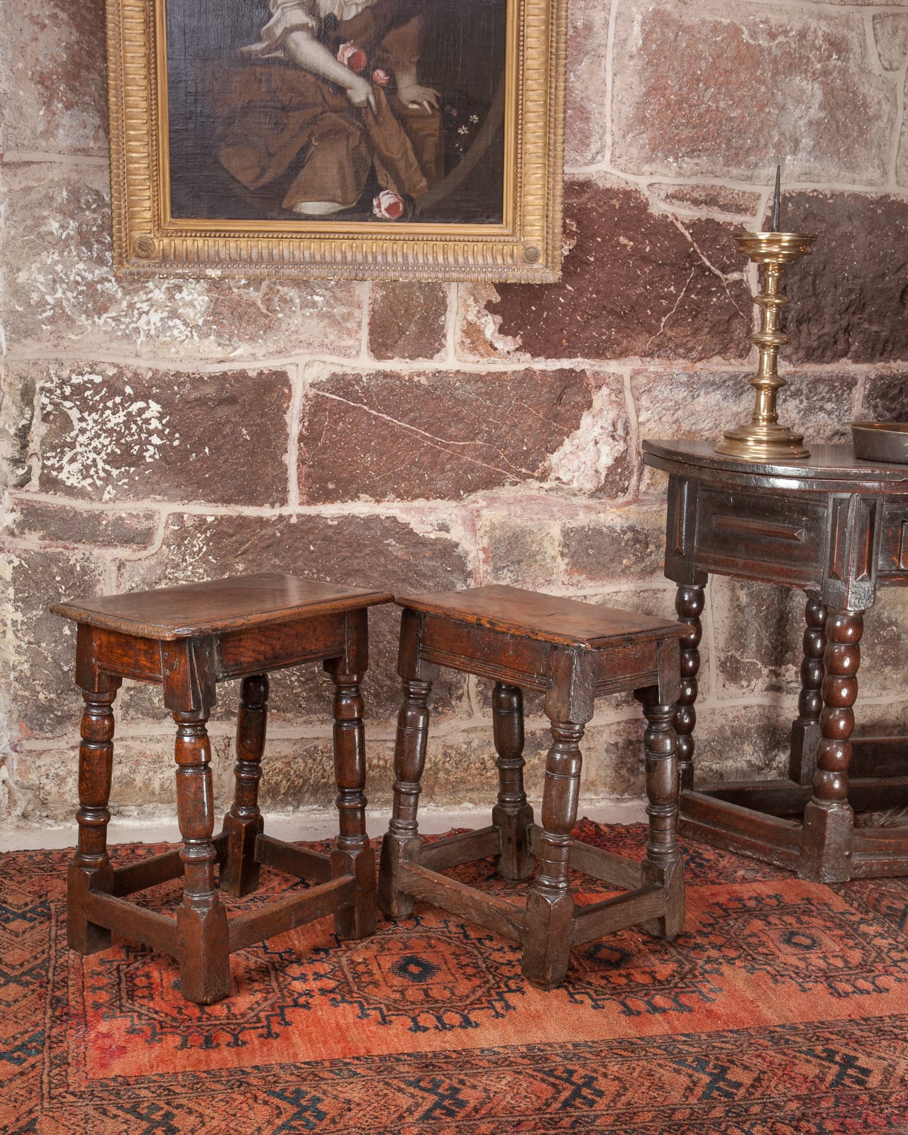Matched pair of joined oak stools
