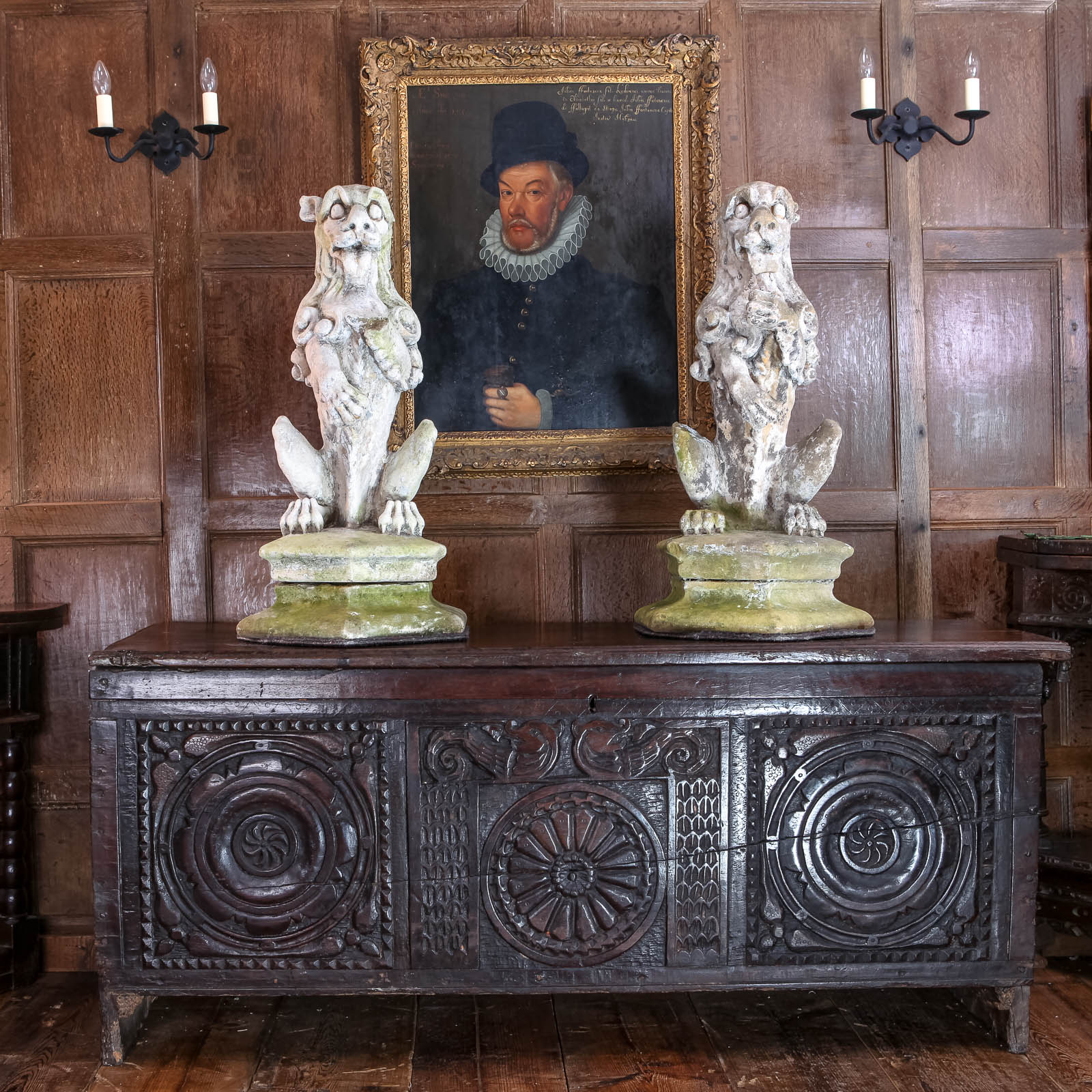 Pair of Tudor heraldic lions