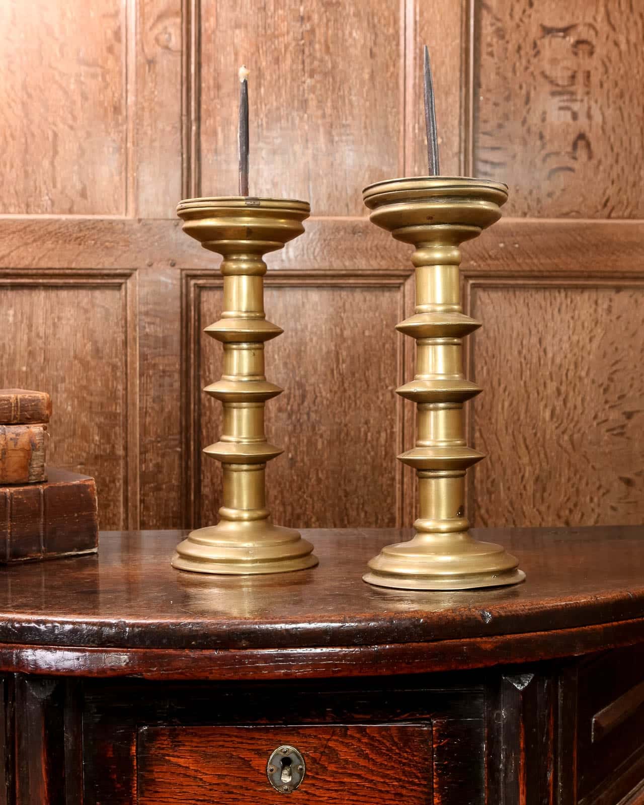 16th century brass pricket candlesticks
