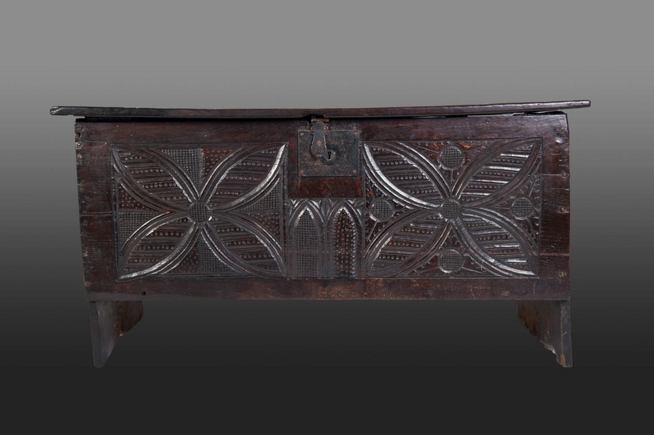 Henry VIII carved boarded chest