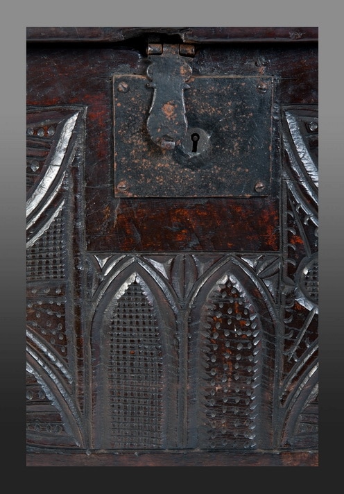 Henry VIII carved boarded chest
