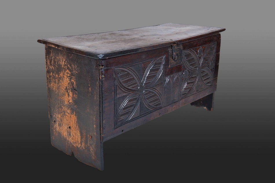 Henry VIII carved boarded chest