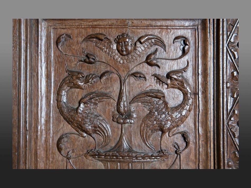 Henry VIII carved oak headboard