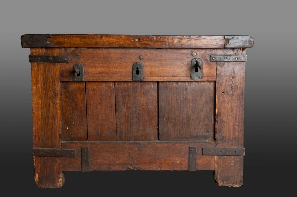 Late medieval oak and iron bound chest