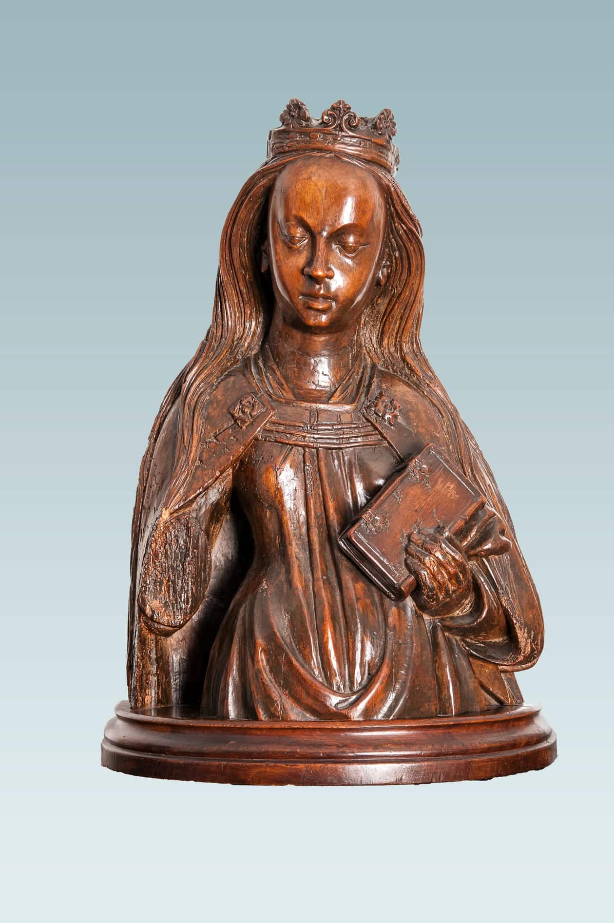 Late Gothic walnut bust of St Catherine