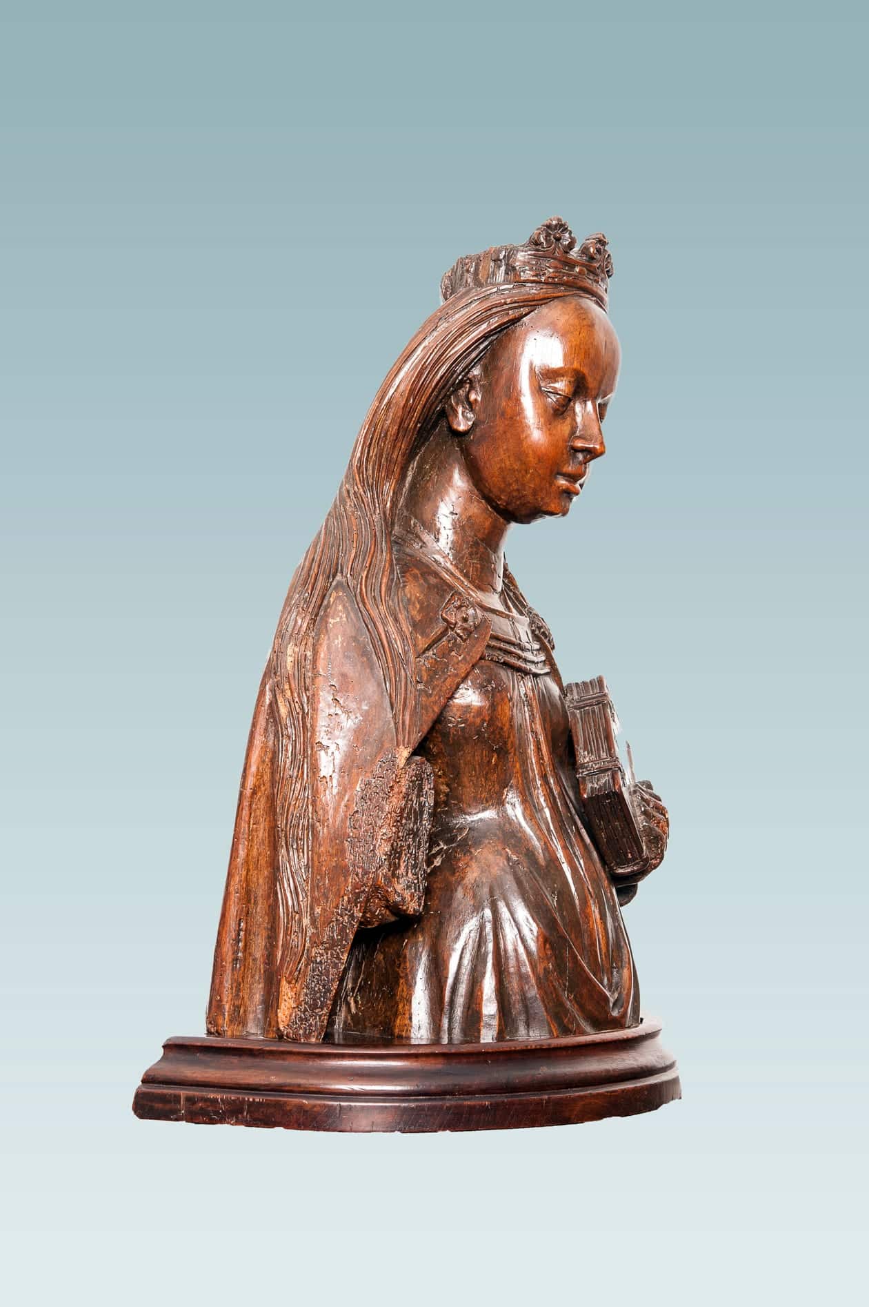 Late Gothic walnut bust of St Catherine