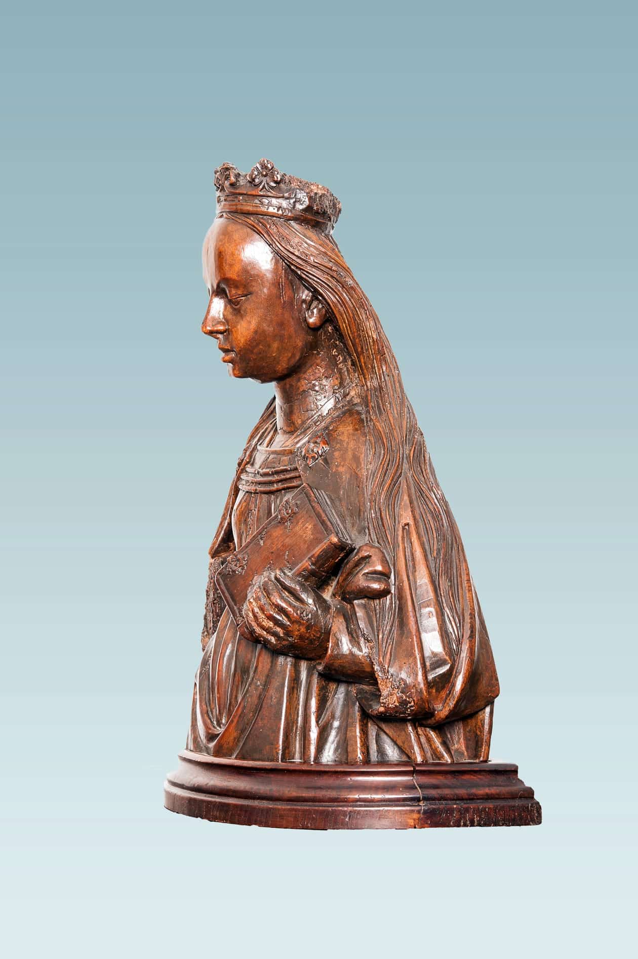 Late Gothic walnut bust of St Catherine