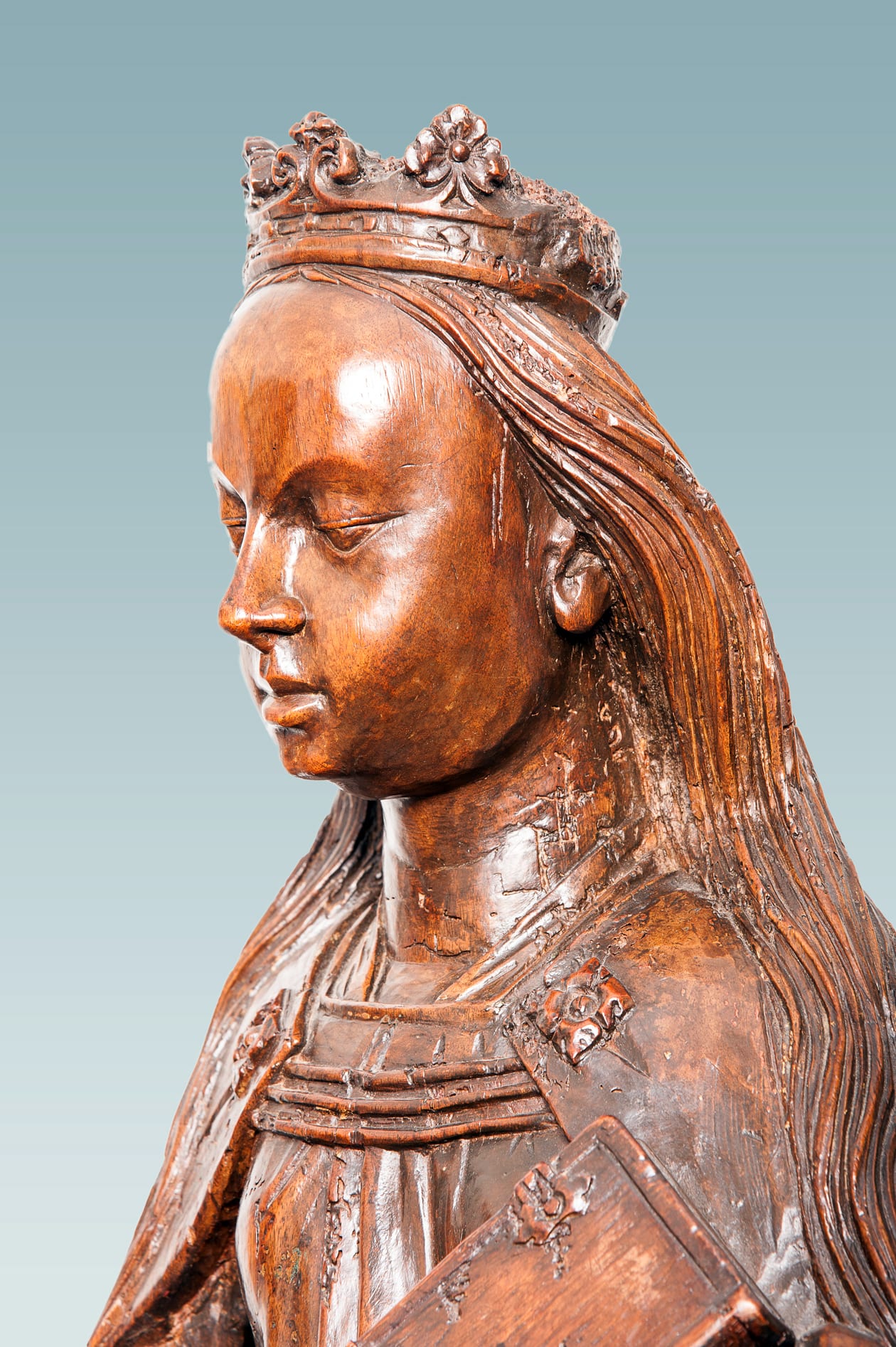 Late Gothic walnut bust of St Catherine
