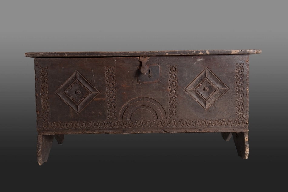 Henry VIII carved elm chest