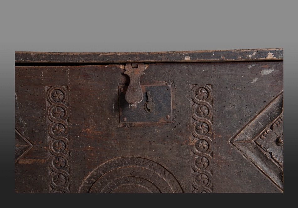 Henry VIII carved elm chest