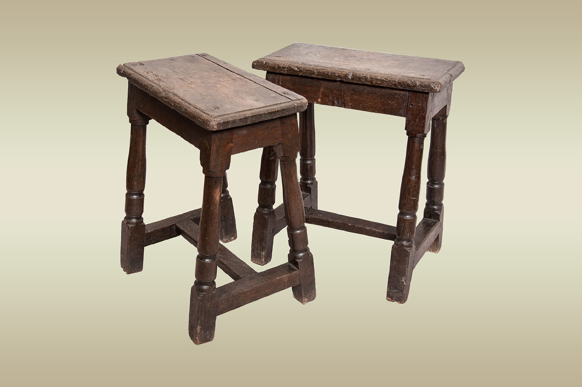 Rare pair of 17th century joined oak stools