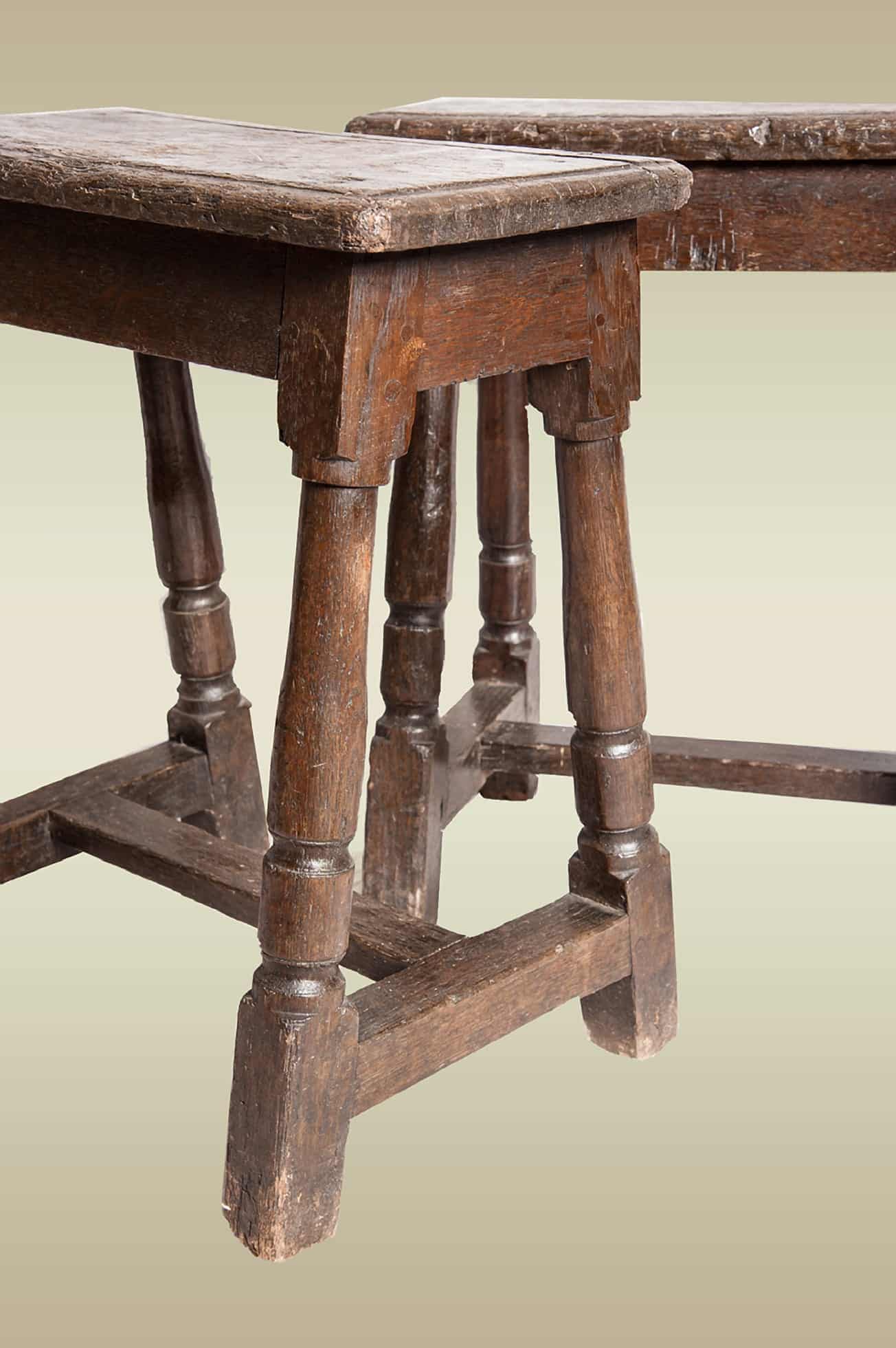 Rare pair of 17th century joined oak stools