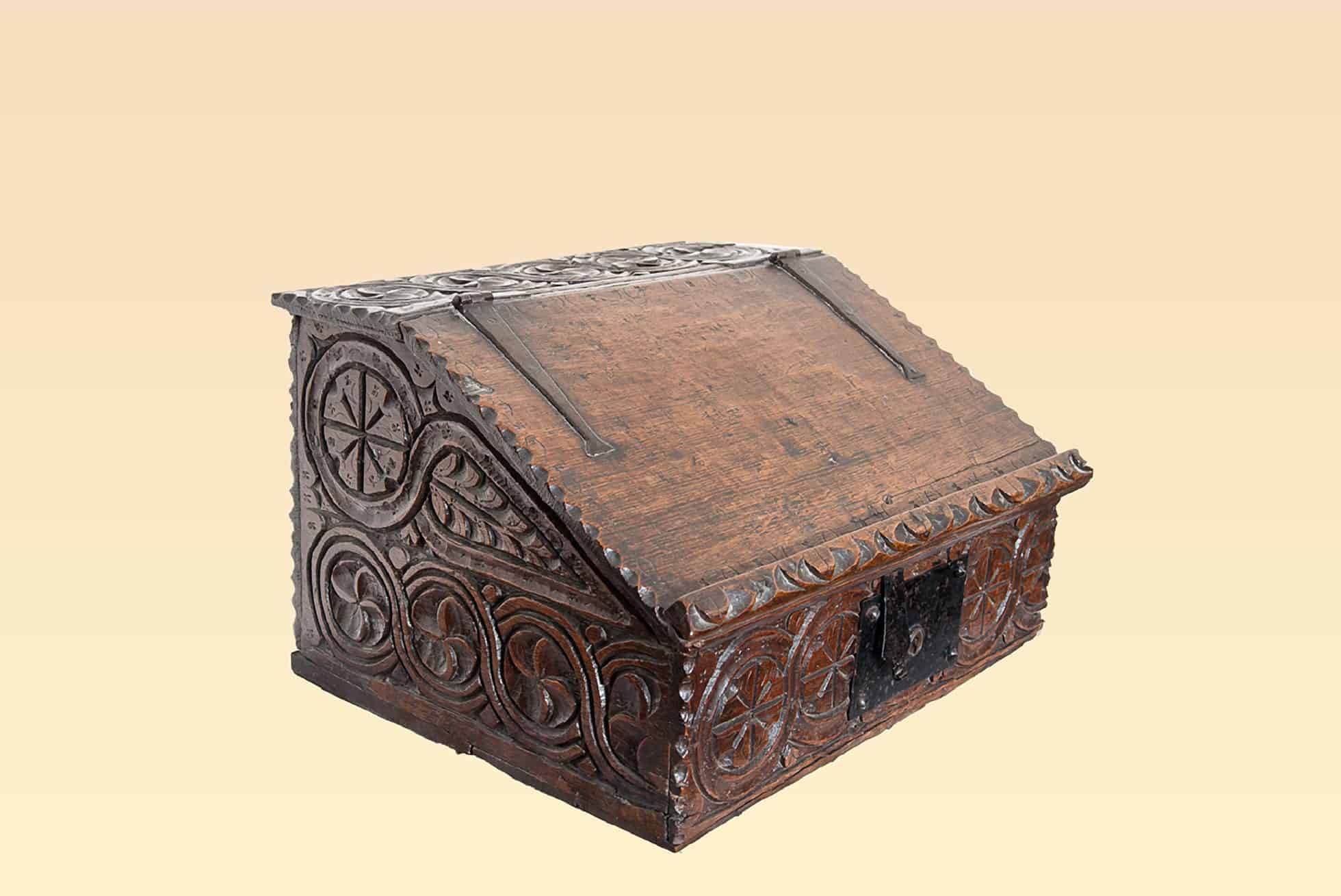 Elizabeth I oak carved writing slope