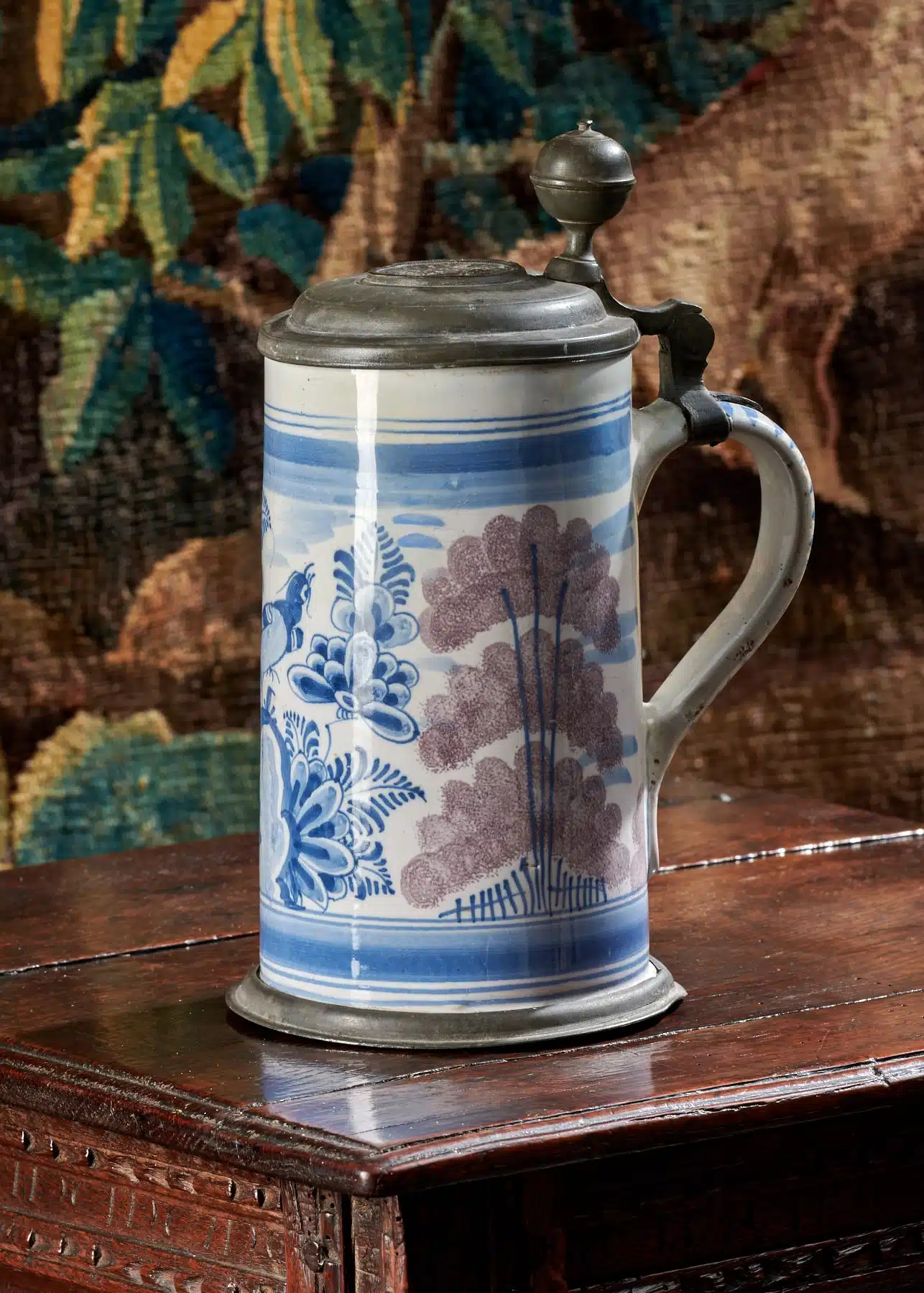 Dutch Delftware Pewter-Mounted Tankard with Floral Decoration