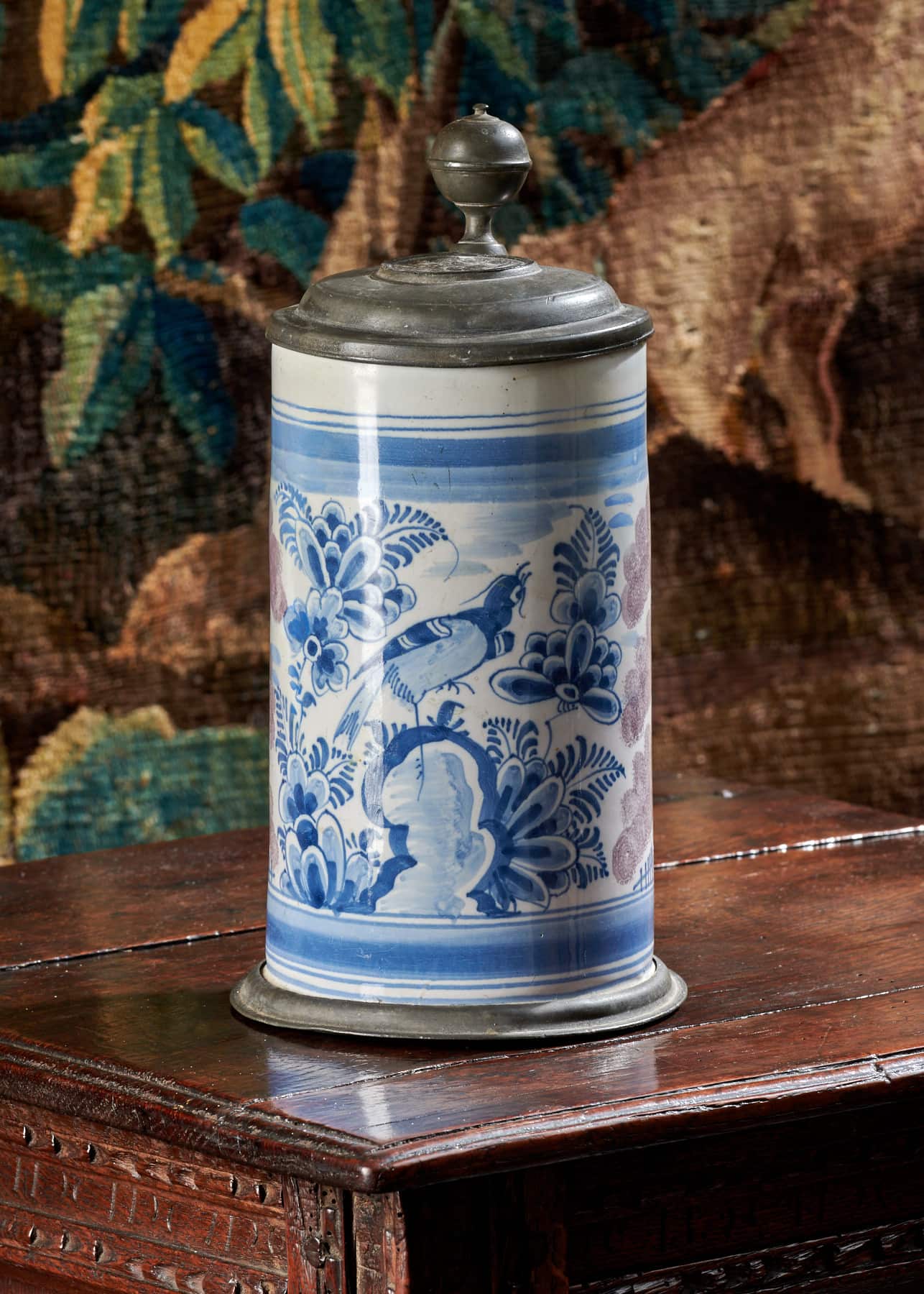 Dutch Delftware Pewter-Mounted Tankard with Floral Decoration