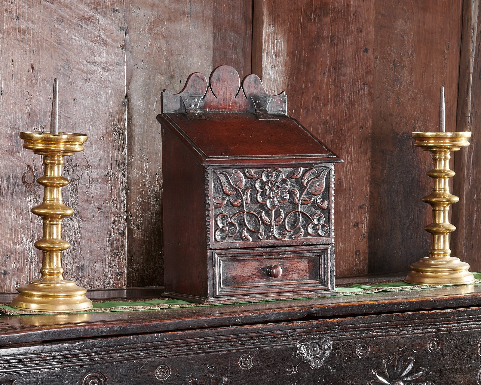 Charles II oak carved salt box
