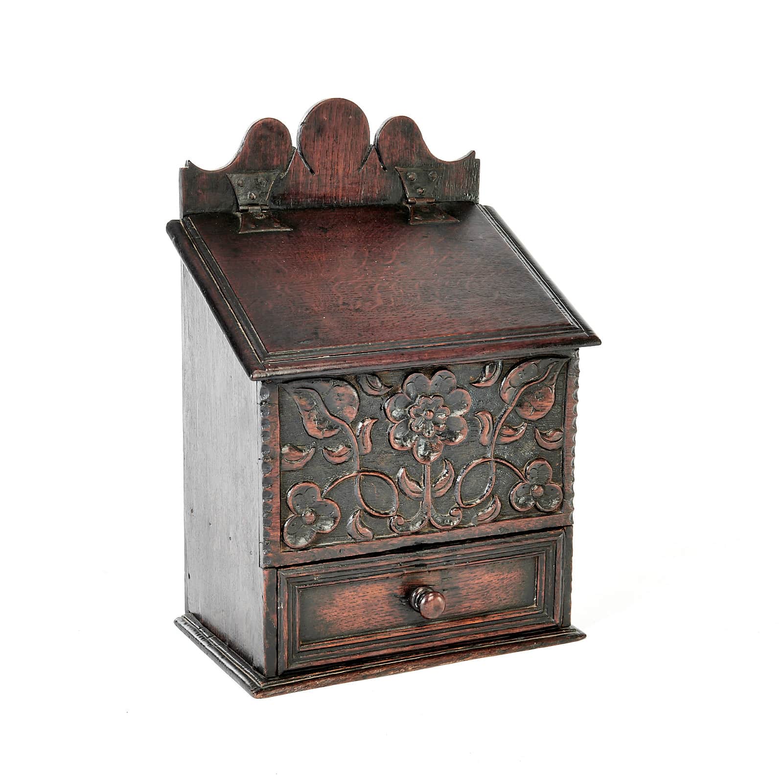 Charles II oak carved salt box