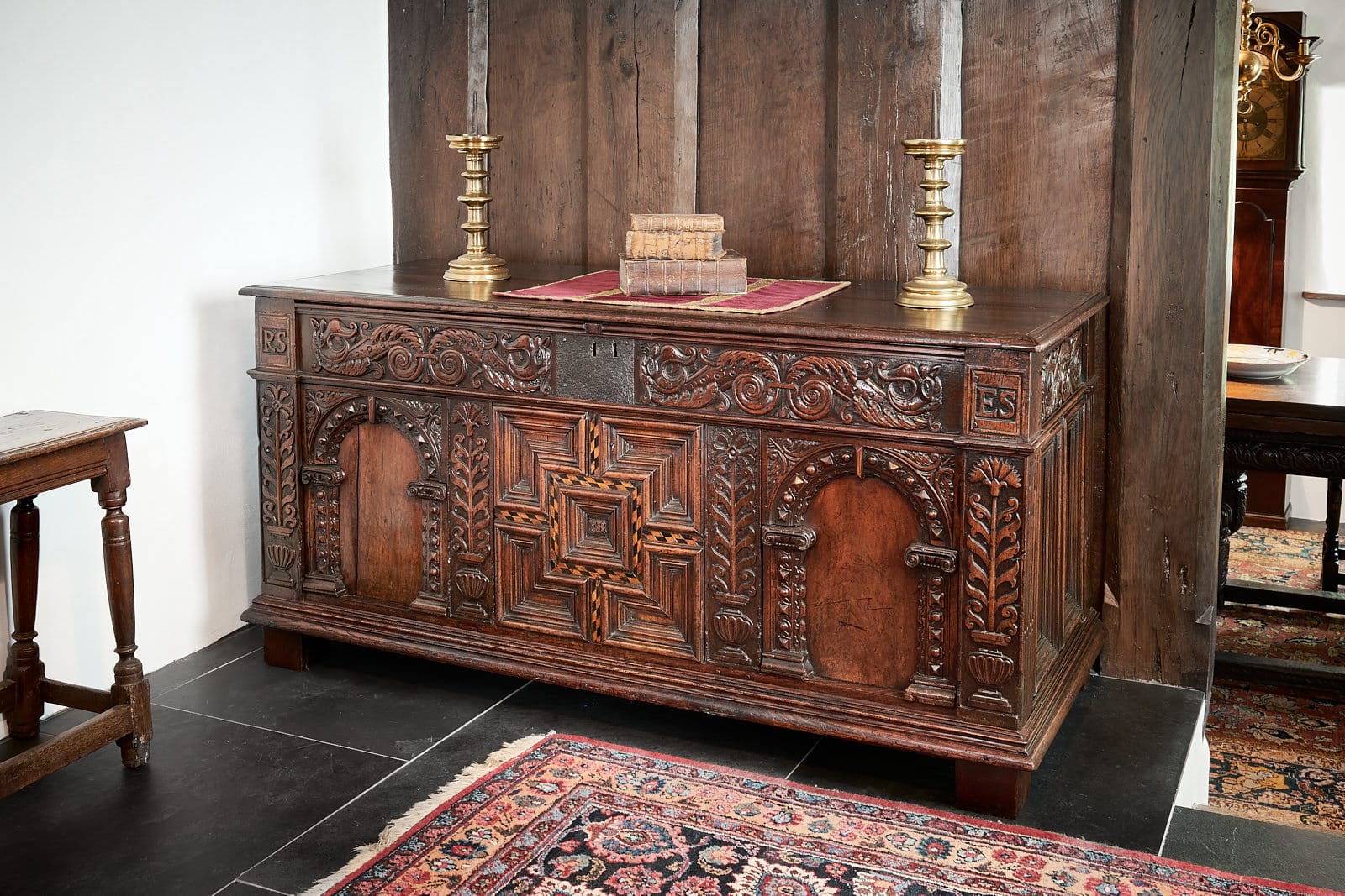 Elizabeth I walnut and oak carved chest