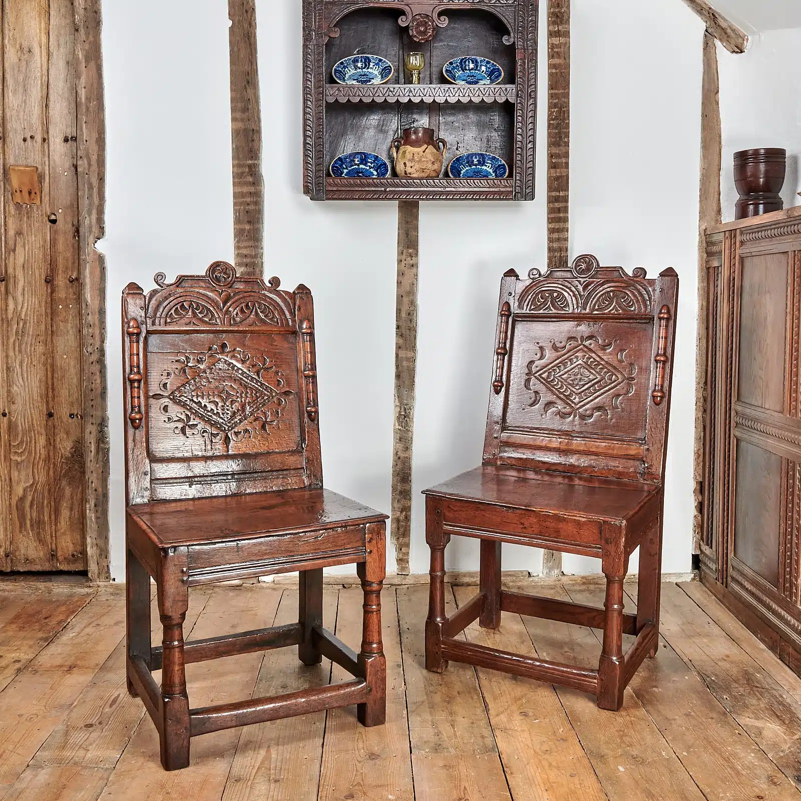 Charles II oak carved backstools