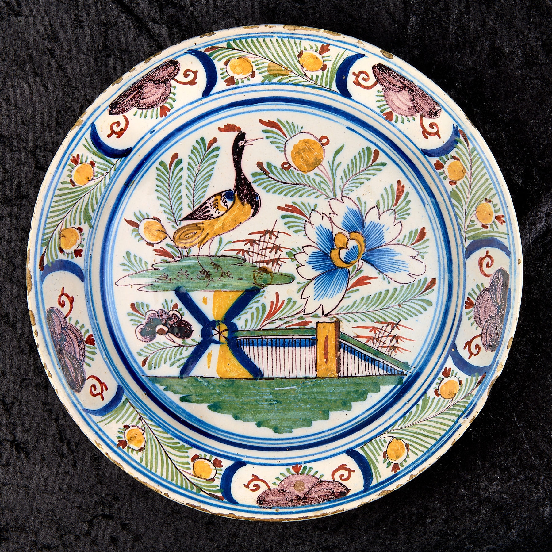 Dutch Delftware Polychrome Charger with Bird and Floral Decoration
