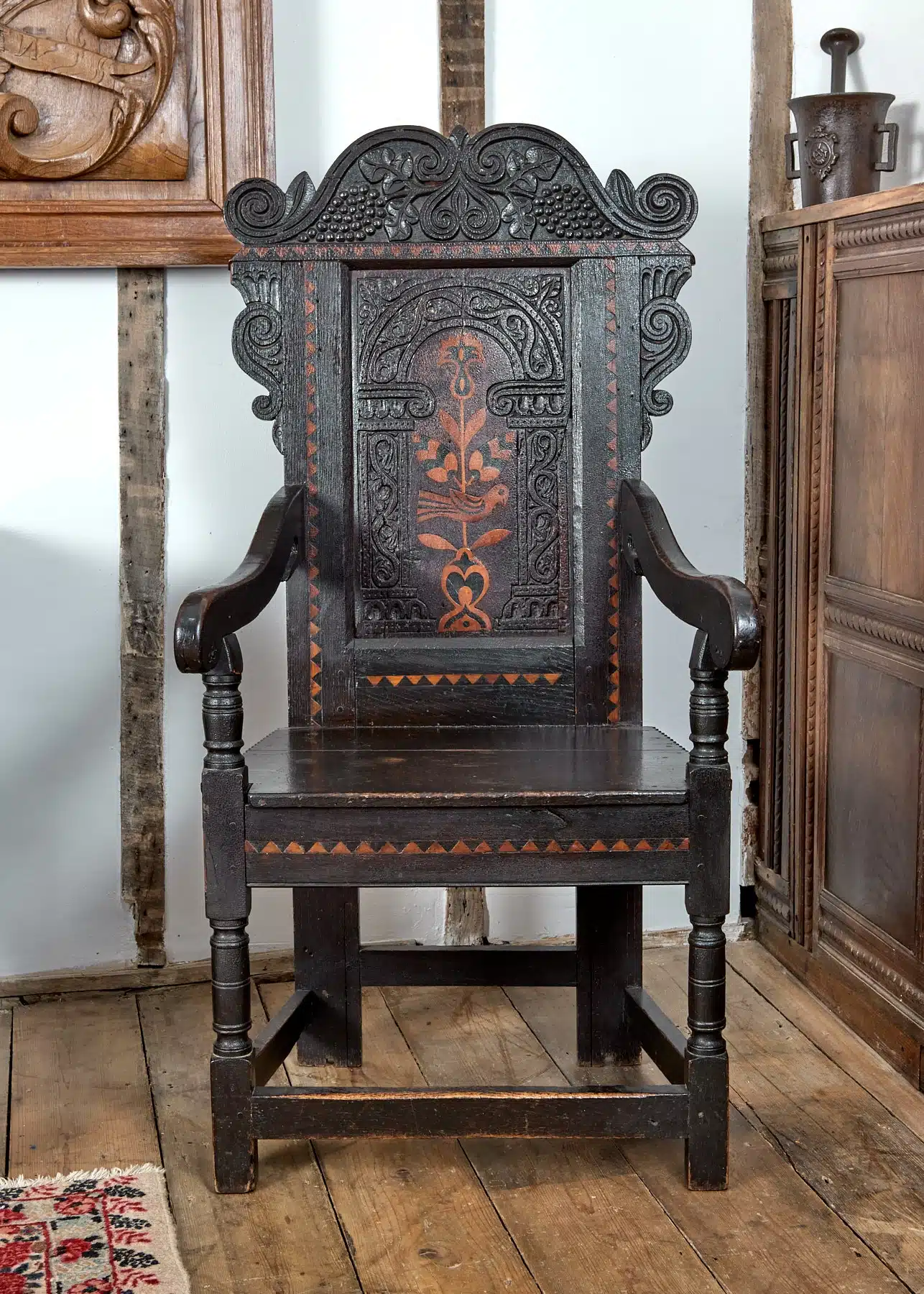 Charles II inlaid oak armchair
