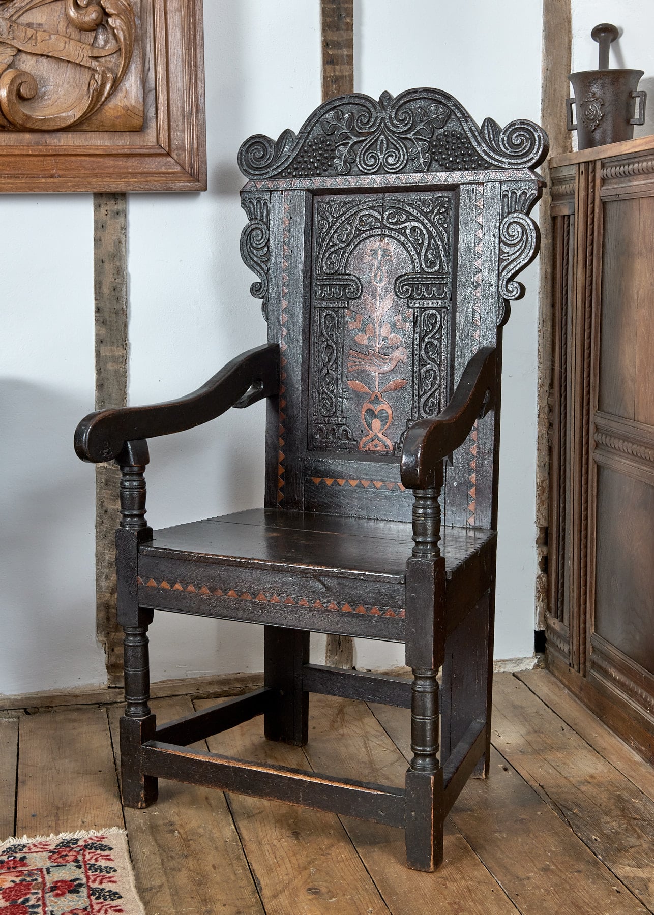 Charles II inlaid oak armchair